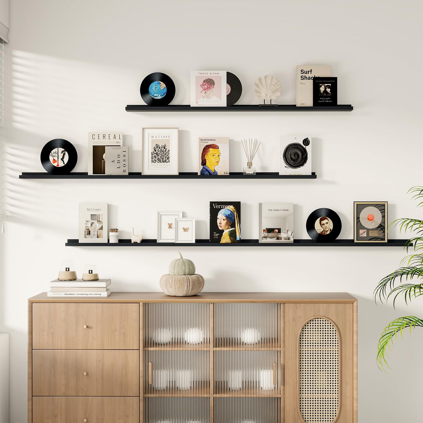 Floating Picture Ledge Shelves for Wall Set of 2, 55 Inches Picture Shelf with Ledge, Nursery Book Shelf for Toys Storage Kids Bookshelf Wall Mounted Living Room Bedroom Decor Frames, Black