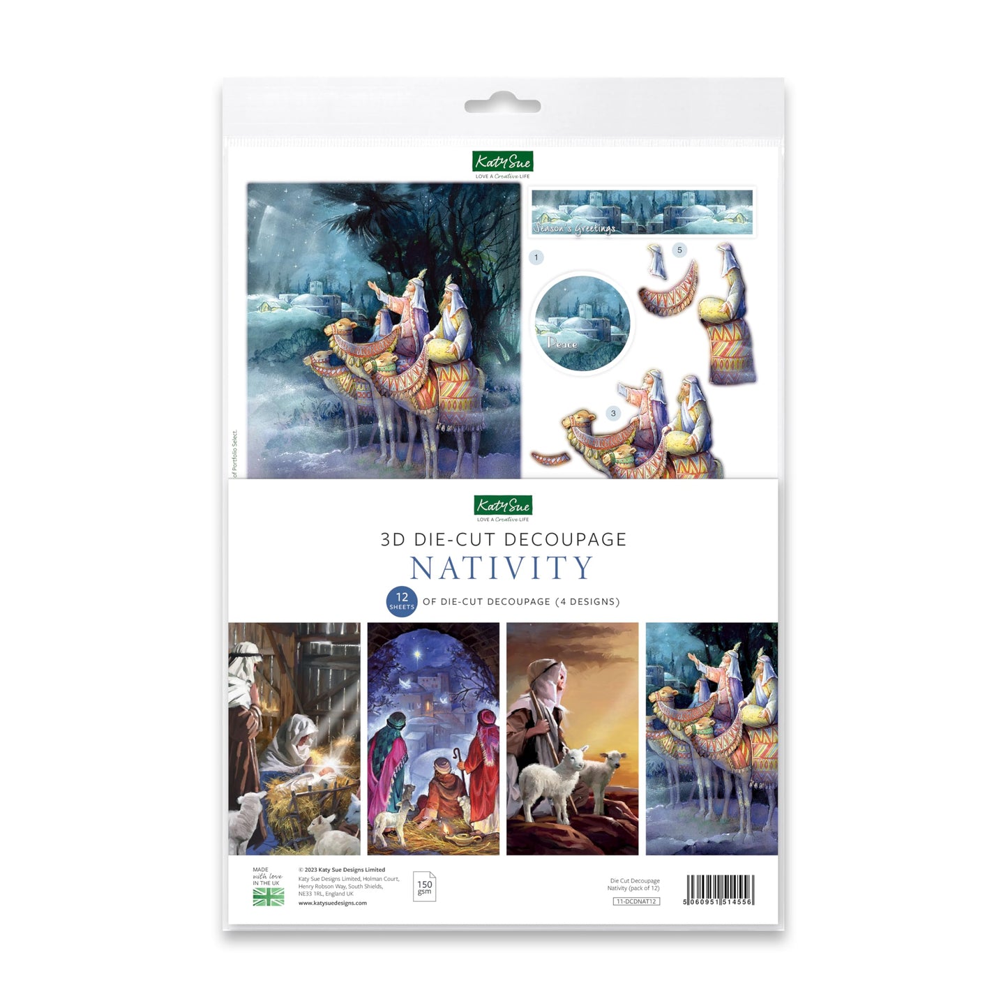 Katy Sue Nativity Die-Cut Decoupage Selection Pack. Contains 12 Pre-Cut Die Cut Decoupage Paper Sheets for Christmas Card Making Supplies. 3 Copies Each of 4 Different Nativity Designs