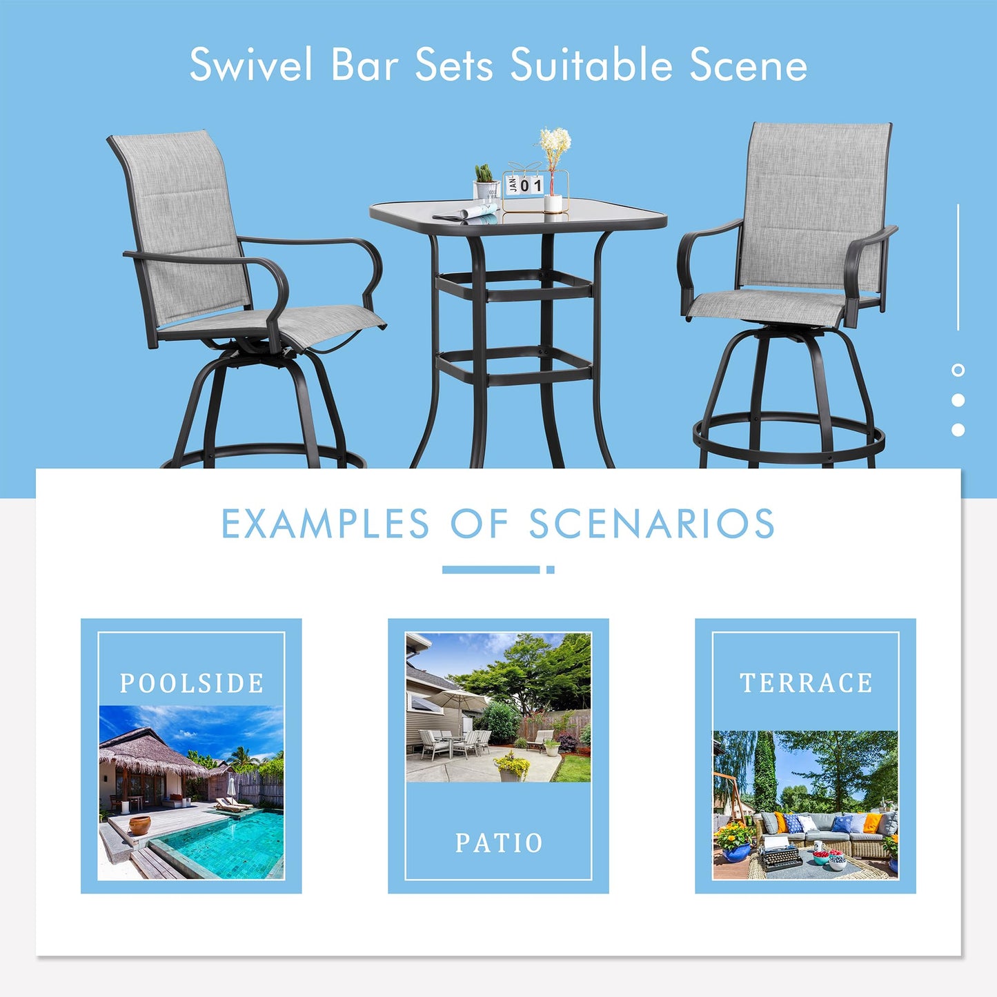 Shintenchi 3 Piece Patio Swivel Bar Stools Set, Outdoor Patio Bar Table and Chairs Set, All Weather Bar Height Chairs Set of 2, High Top Bistro Set Furniture for Balcony, Backyard, Padded Light Grey