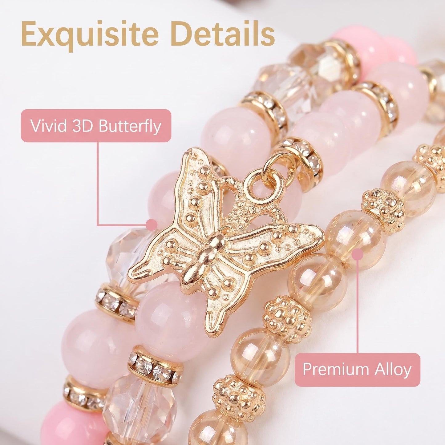 LOTSOF Boho Flower Beaded Bracelet Set for Women - Multilayer Crystal & Flower Charm Stackable Bracelets, Fashion Jewelry Gift for Her (Pink Butterfly)