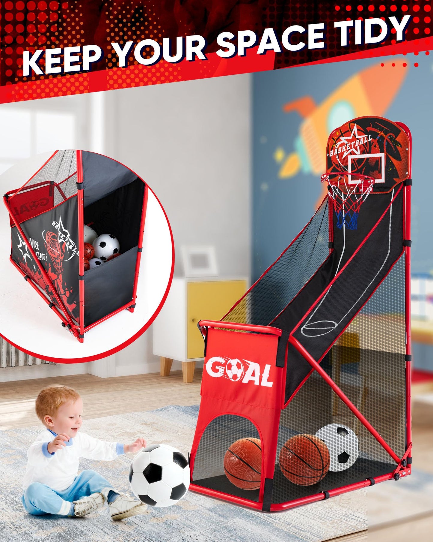 MerryMove Basketball Arcade Game for Kids: Foldable Basketball Hoop Set with Soccer Goal- Portable Indoor Outdoor Sports Play Toy- Gift for Ages 3-12 Boys Girls- Air Pump and 3 Balls Included