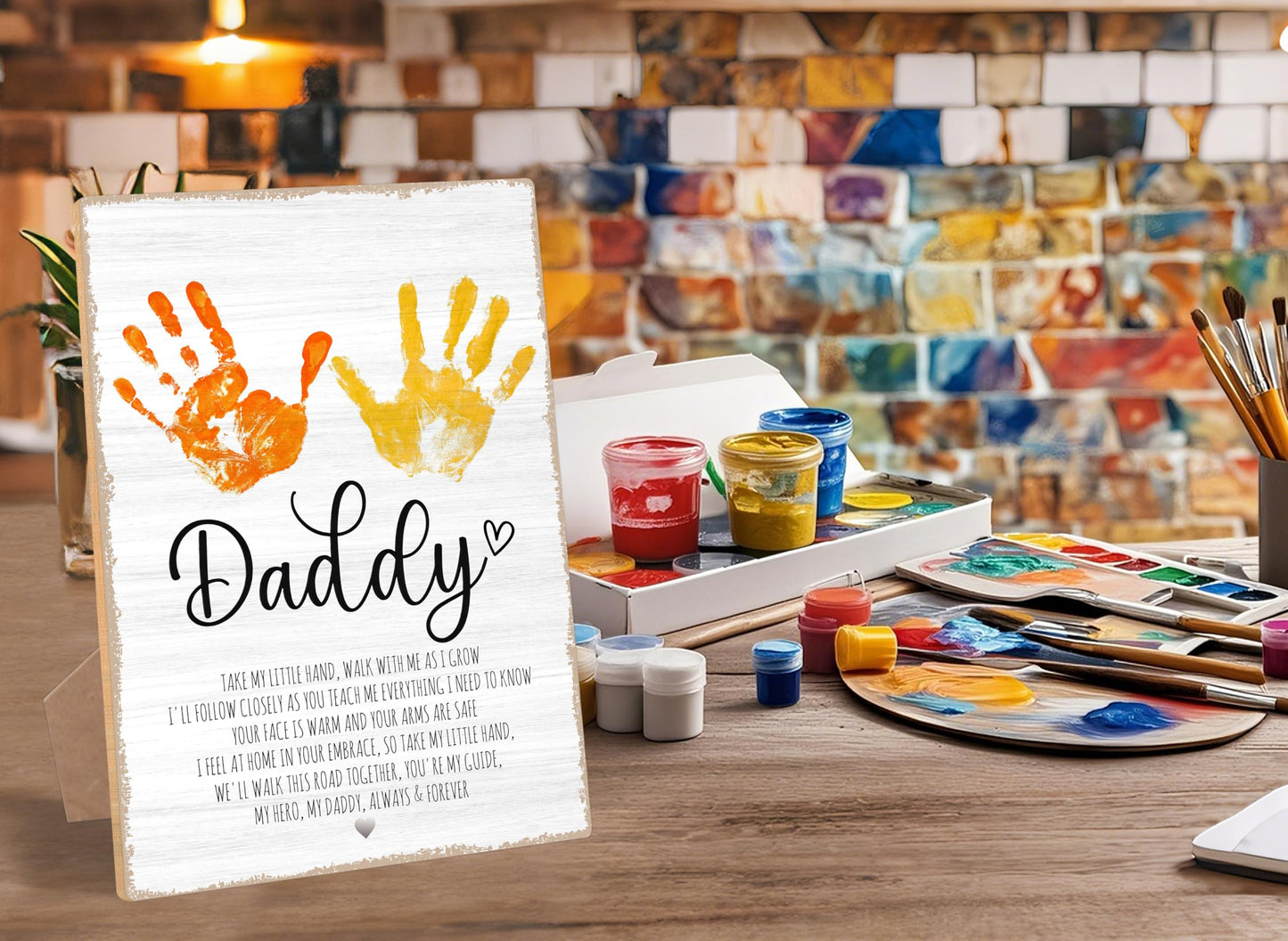 Daddy Handprint Poem, 9x12 Inch Rustic Fathers Day Sign With Stand and Hook, DIY Craft Handprint Keepsake for Classroom Family Party Favors, Personalized Gifts for Dad from Daughter & Son