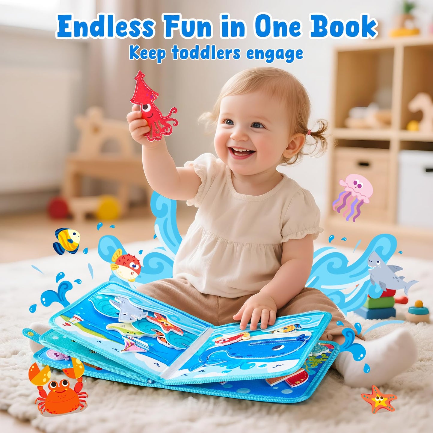 JoyCat Ocean Busy Book for Toddlers 1-3 - Travel Toy Activity Book for 1 2 3 Year Old Boys Girls, Educational Travel Toy with Sea Animals & Life Skills, Easter Basket Stuffers Kid, Autism Sensory Toys