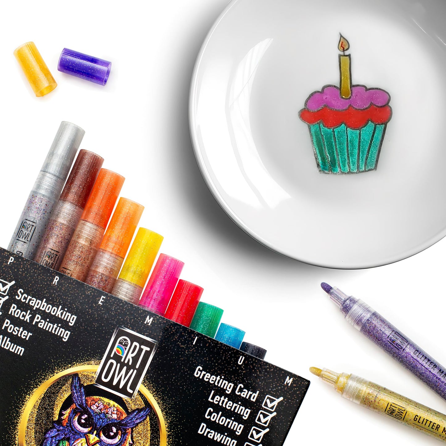 Art Owl Acrylic Glitter Paint Marker Pens, Medium Pens for Rock Painting, Stone, Ceramic, Glass, Wood, Fabric, Card Making, Canvas, DIY Crafts - Set of 12 Sparkle Paint Markers