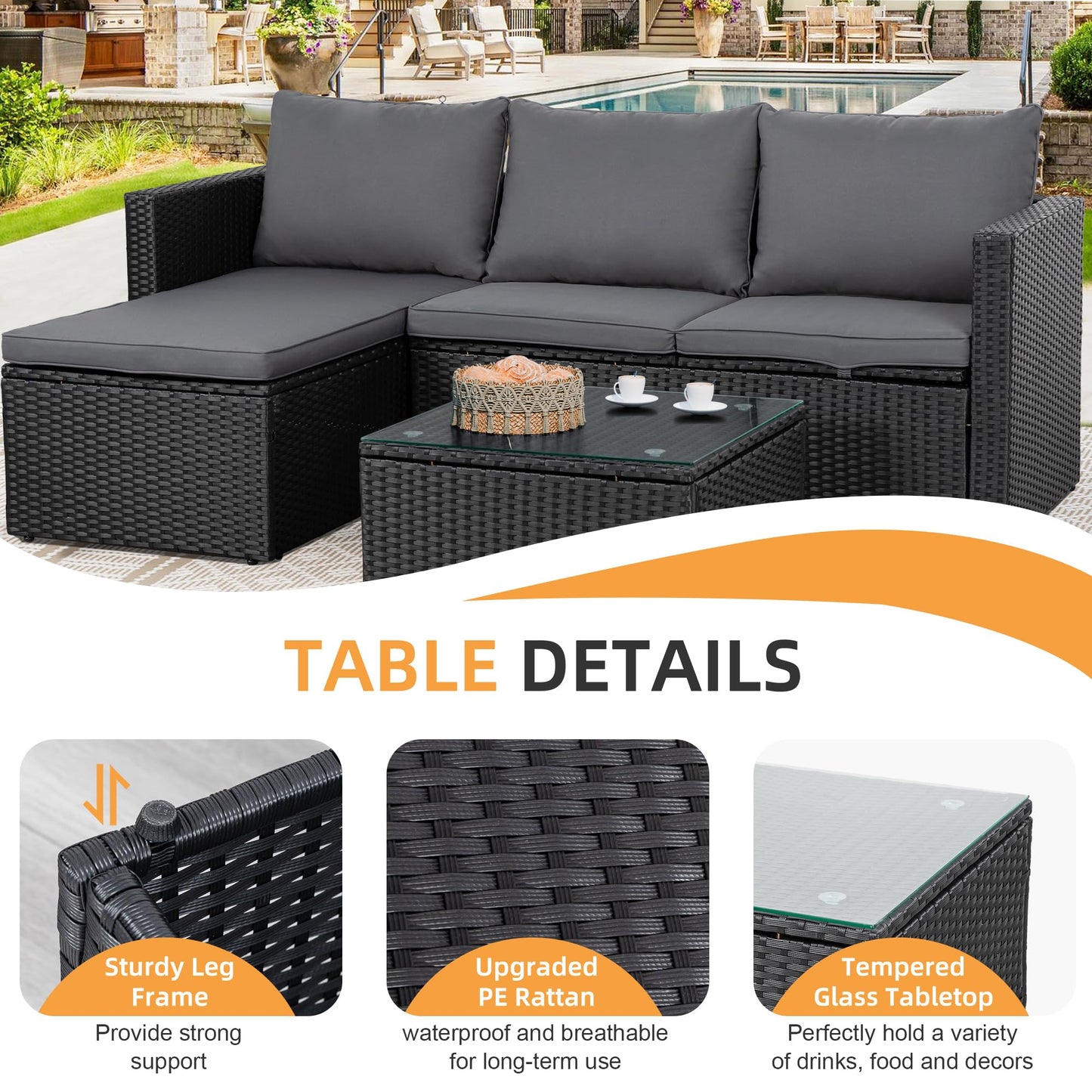 Shintenchi 4 Pieces Patio Furniture Sets, Outdoor Sofa Patio Sectional Sets All Weather, Wicker Rattan Seating Sofa Couch withwith Cushions & Coffee Table for Yard, Garden, Porch, Poolside (Gray)