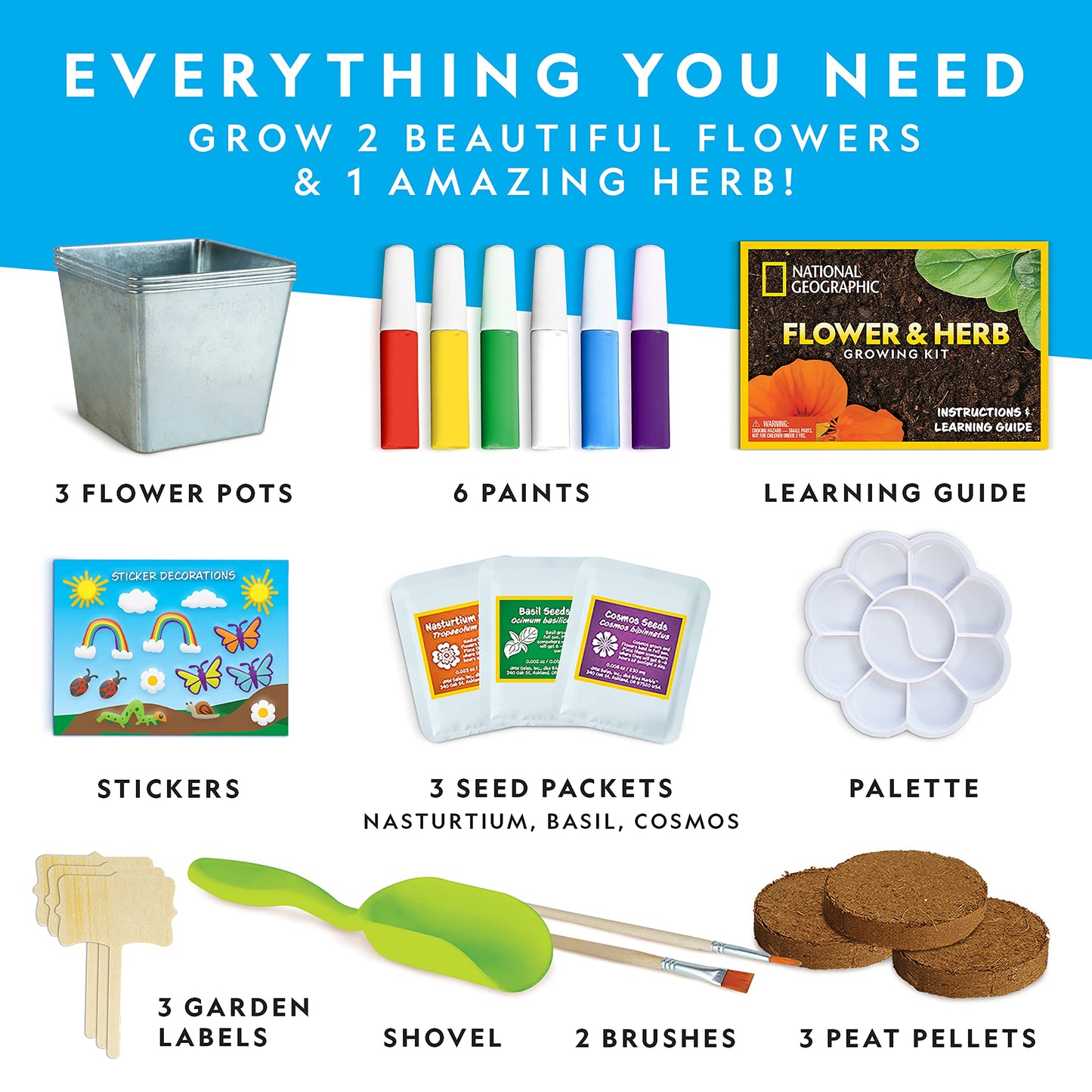 National Geographic Flower & Herb Gardening Kit for Kids - Gardening Set with 3 Stainless Steel Pots, Paint & Stickers, Kids Plant Growing Kit