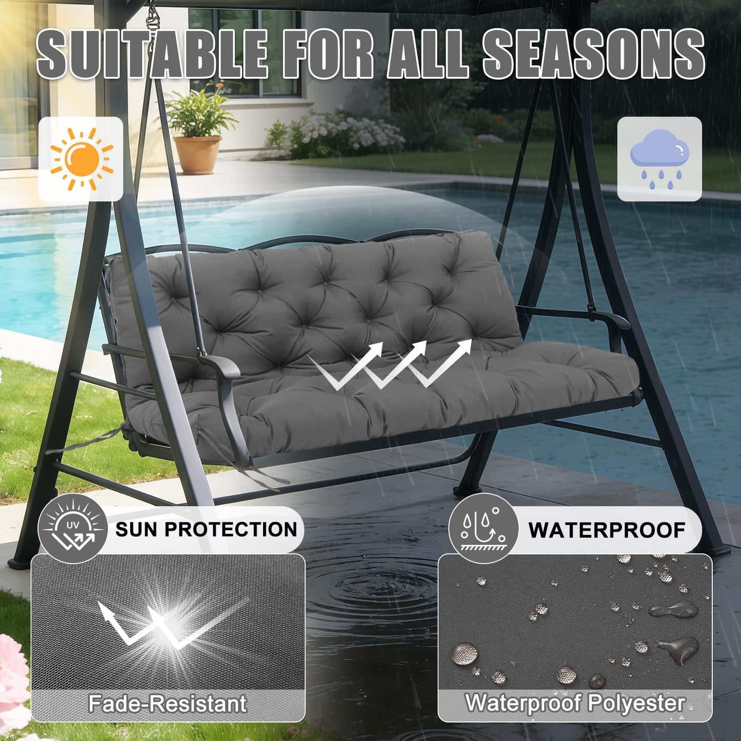 Mokoey Patio Swing Cushions for Outdoor Furniture Thick 5in Porch Swing Cushions Waterproof 3 Seater 60 inch Outdoor Swing Cushions with Back (Dark Gray-60x40 inch)