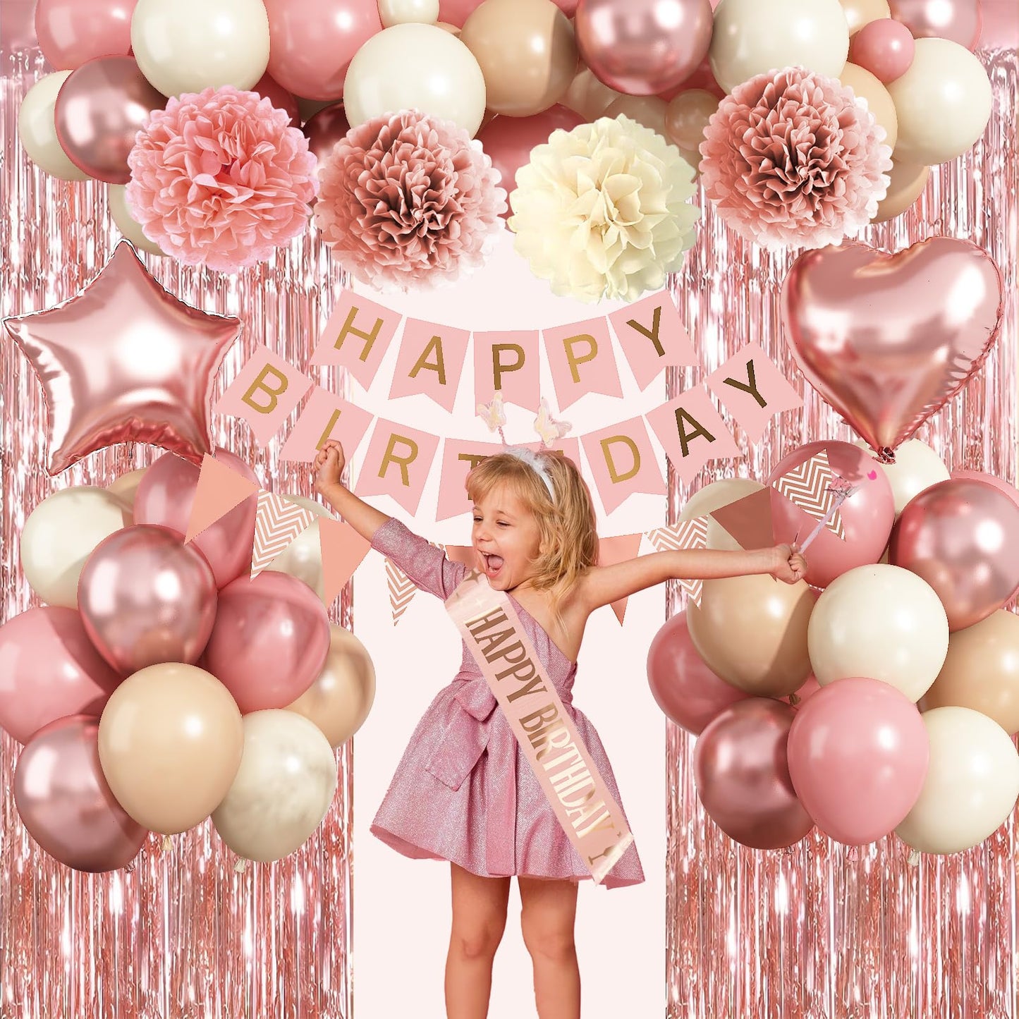 Blush Pink Birthday Decorations, Rose Gold Nude Party Décor with Foil & Latex Balloons Sash Fringe Curtains Happy Birthday Banner Cake Topper Paper Pompoms Party Decor for Women Girl