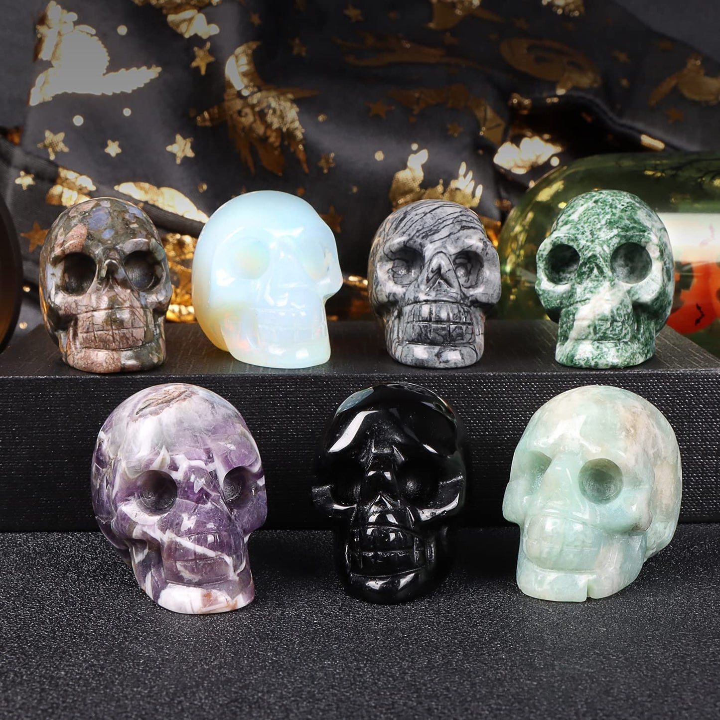 Artistone 2.0" Black Obsidian Halloween Crystal Skull Head Statue,Hand Carved Gemstone Human Skull Stone Figurine Crystal and Healing Stones for Home,Office Decor(Gift Box)