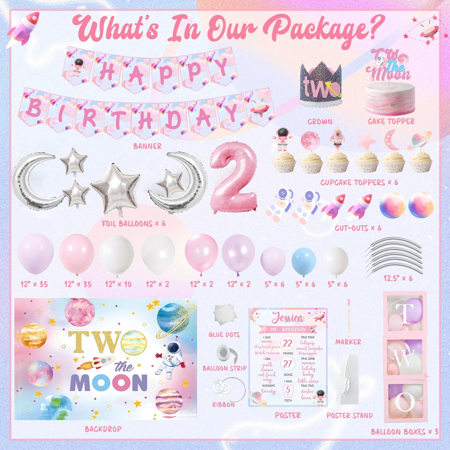 Two the Moon Birthday Decorations Girl, Outer Space 2nd Birthday Party Decorations, Two the Moon Backdrop Cake Cupcake Topper Balloon Garland Two Years Old Girl Party Supplies Kit Moon Themed for Girl
