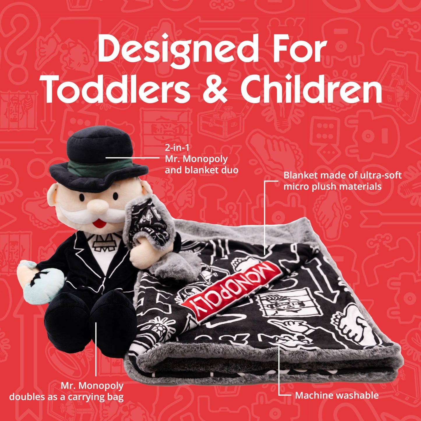 Monopoly Baby Security Blanket 2-in-1 Stuffed Animal & Blanket - Soft Plush Baby Lovey for Boy & Girl - Sensory Plush Toy Blanket for Newborns & Toddlers