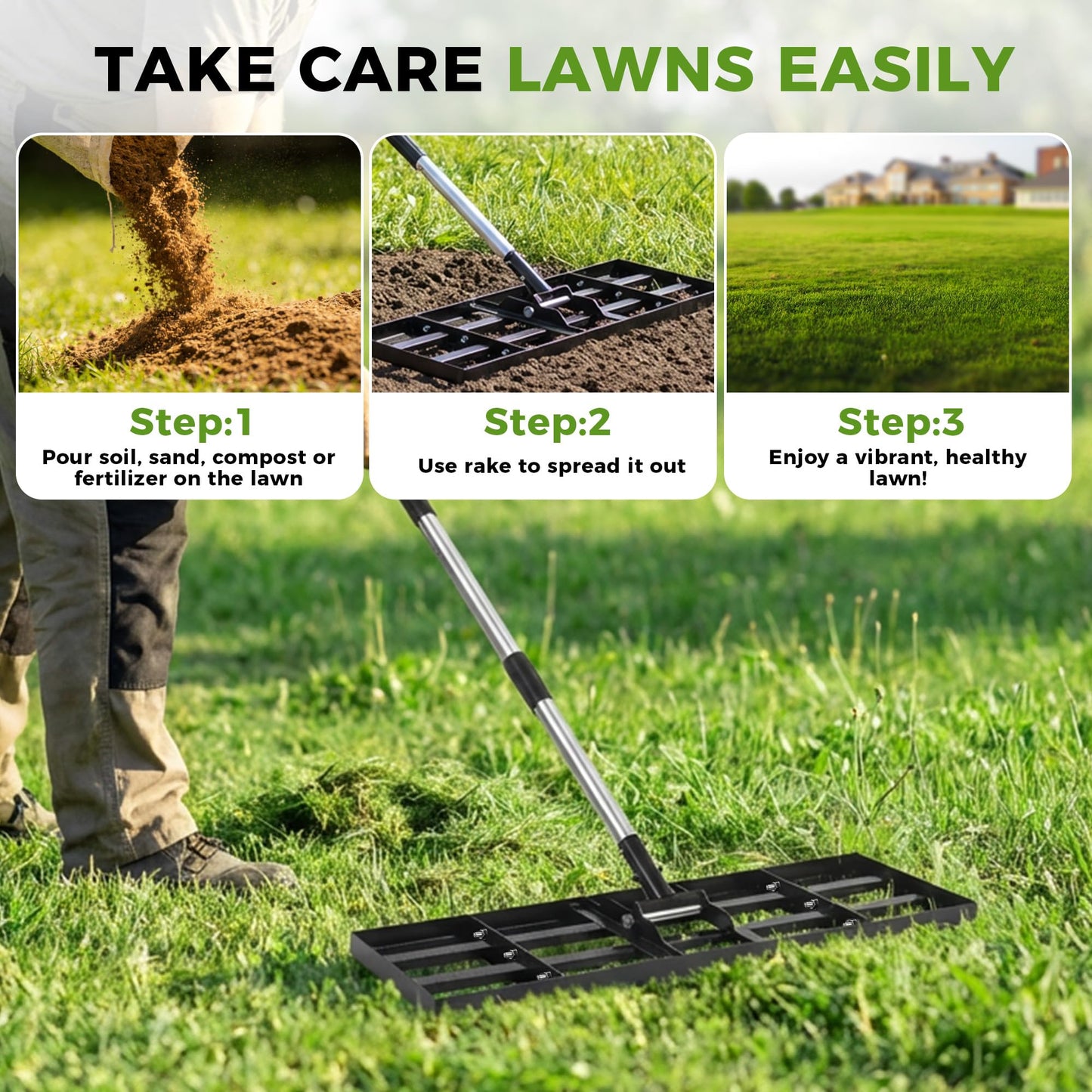 Lawn Leveling Rake, 30"x10" Stainless Steel Lawn Leveler with 76" Adjustable Handle, Heavy-Duty Yard Leveling Rake for Garden, Golf Course, Farm, Pasture, Professional Lawn Care Tool