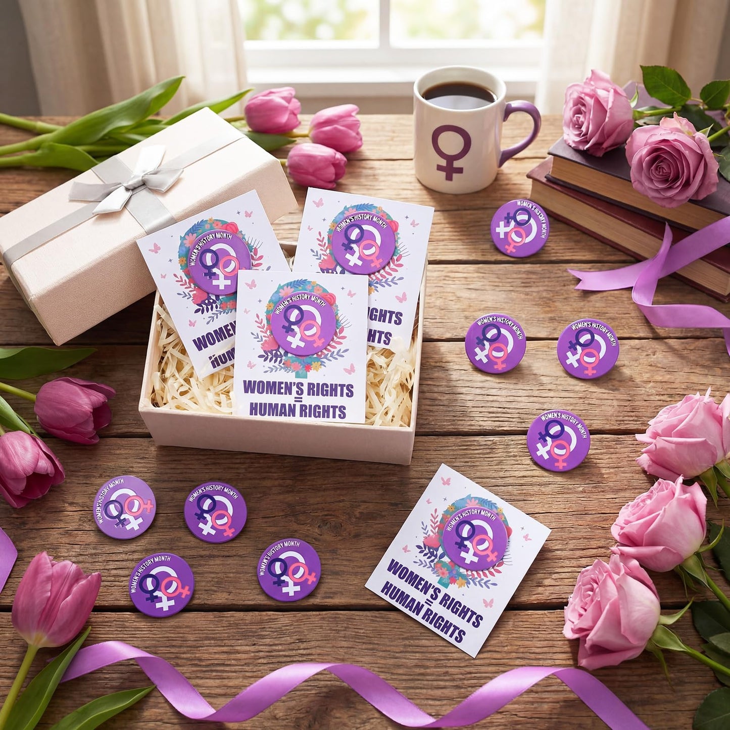 Kigeli 24 Sets Women's History Month Pins for Women, International Womens Day Pins with Cards Bulk Female Rights Awareness Inspirational Gifts for March Feminism Party Supplies