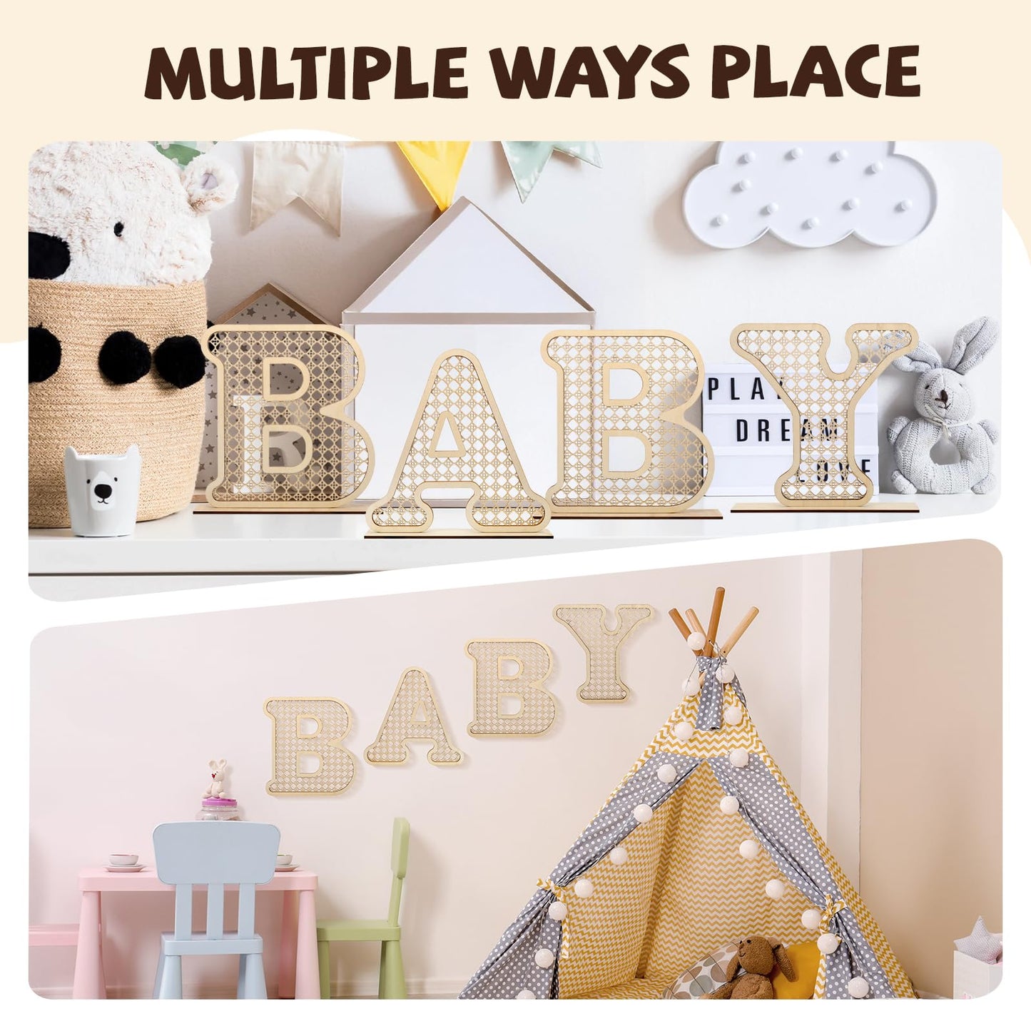 4 Pcs Wood Baby Letters - Boho Nursery Decor for Baby Shower | Rustic Alphabet Letter Home Decoration for Newborns & Birthday Gifts | Perfect Table Centerpiece for Toddler Girls & Boys