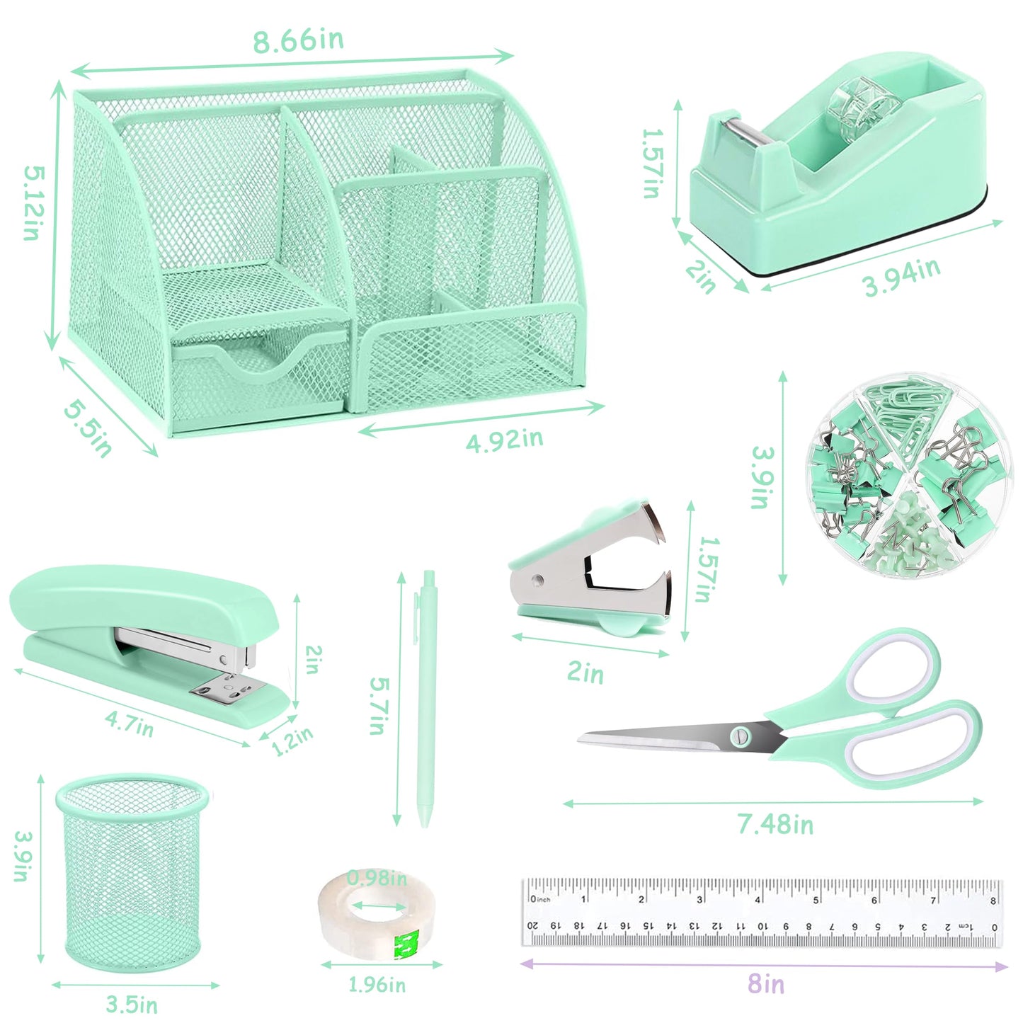 Green Office Desk Accessories Supplies, 12pcs Desk Organizers and Accessories with Tape dispenser and Stapler,Staples,Staple Remover,Pen Holder,Scissor,Ruler,Sticky Tabs,Tape,Ballpoint Pen,Clips Set