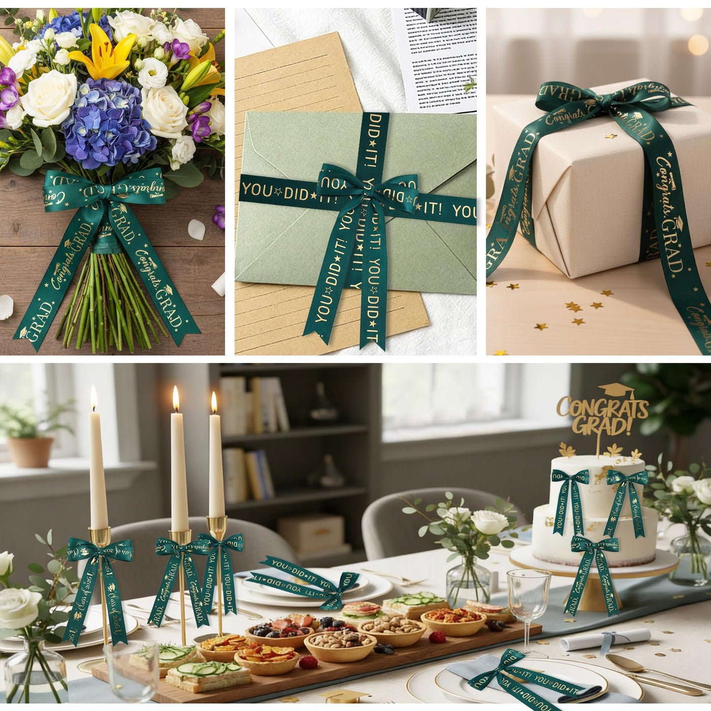 Class of 2026 Ribbon Graduation Ribbon for Flower Bouquet 3 Rolls 60 Yards Green and Gold Satin Ribbons 1 Inch Congrats Grad Ribbons for Gift Wrapping Crafts Graduation Party Decor Lei Making