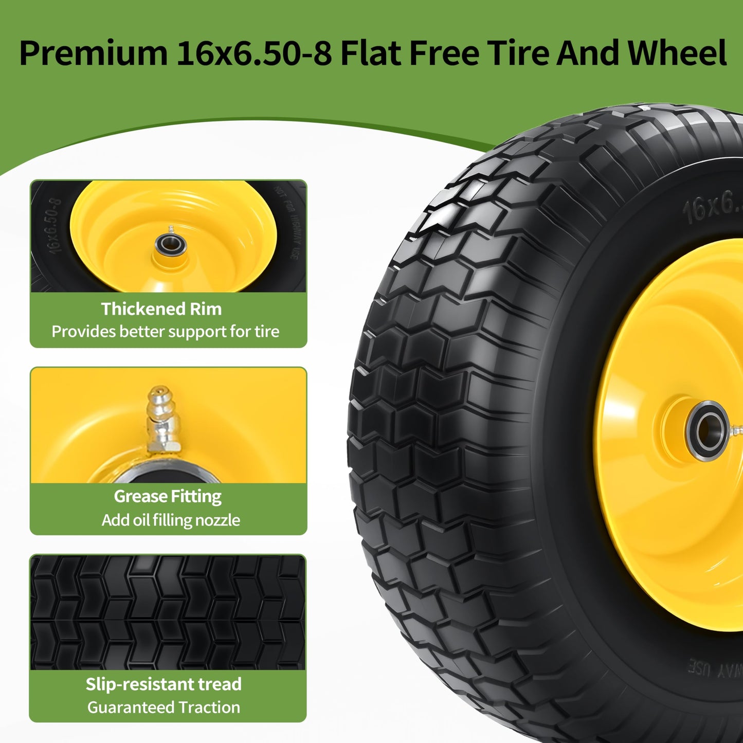 2 PCS 16x6.50-8 Flat Free Riding Lawn Mower Tire and Wheel with 1" Bushing, 3/4"Bearing，3"Offset Hub,Fit for Lawn Mowers and Garden Tractor, Solid Mower Wheel for Residential and Commercial 500 Lbs
