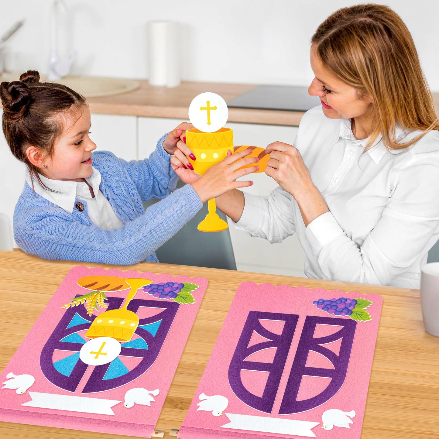 WATINC First Communion Banner Kit - 12 Set Holy 1st Communion Felt Banner Kit Baptism Christian Cross DIY Craft Decorations, Make Your Own Sunday School Church Hanging Crafts Supplies for Girls (Pink)