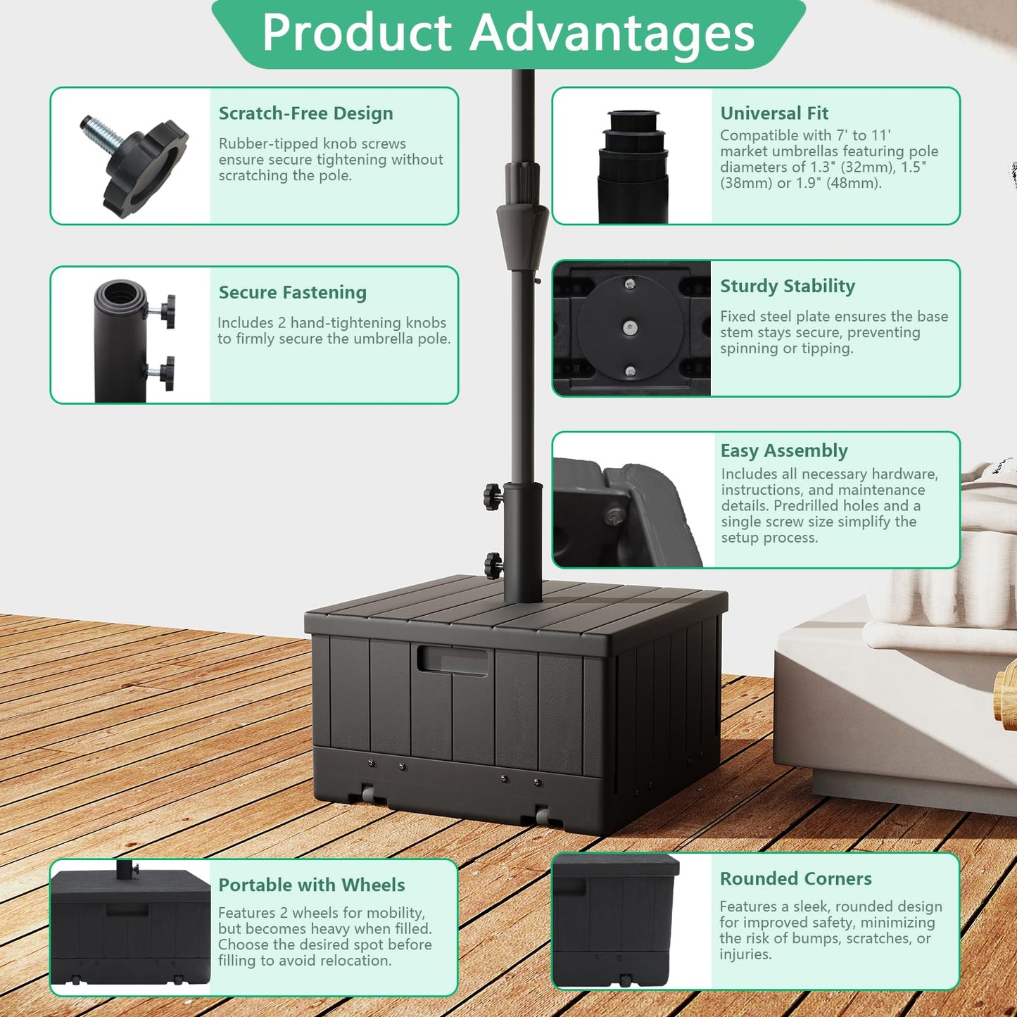 Helios&Hestia 3-in-1 Plastic Patio Umbrella Base Stand Weight with Wheels 176lbs with Sand Filled, Can be Used as Outdoor Coffee End Table, Flower Planter Box, Fits 7 to 11ft Market Umbrellas, Black