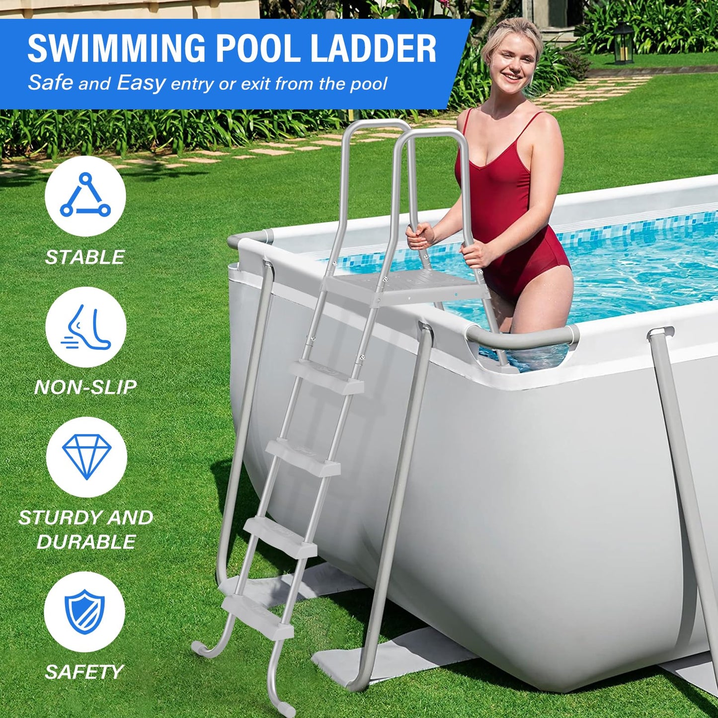 52" 4-Step Steel Frame Above Ground Swimming Pool Ladder, Heavy Duty Double Sided Removable Pool Steps with Non-Slip Plastic Steps and Platform for Entry and Exit the Pool