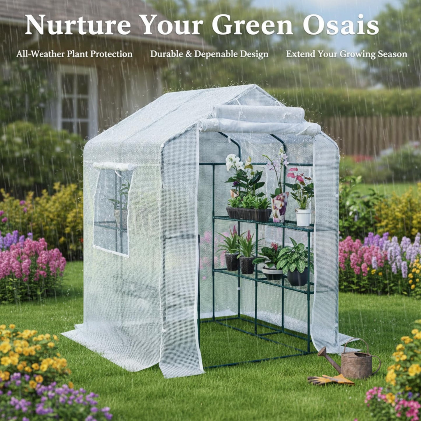 Solayis 56"×55"×74" Walk-in Garden Greenhouse | Thickened PE Cover & Heavy Duty Steel Frame | 3 Tiers 4 Shelves, Mesh Door & Windows | Portable for Indoor Outdoor Use (White)