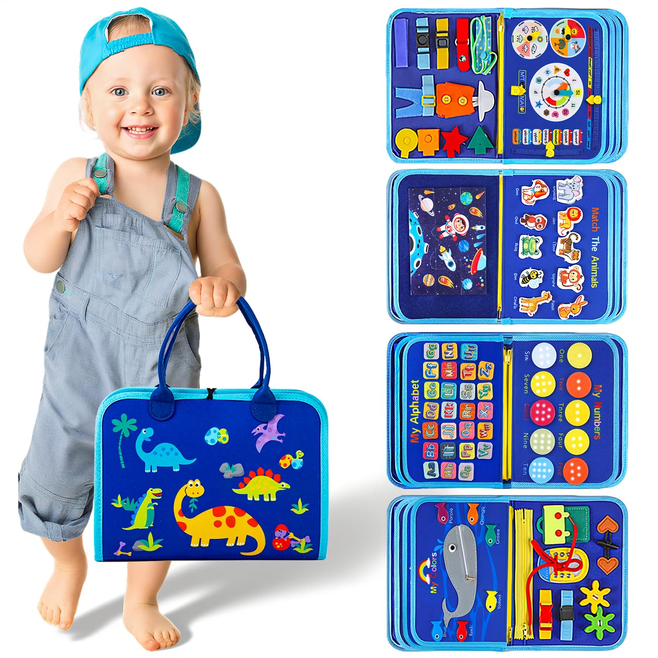 SYHLN Toddler Montessori Busy Board Toys for Little Boy Gifts: Educational Preschool Learning Travel Toys, Busy Book Learning Sensory Toys for Toddler Boys, Boys Dinosaur Christmas Birthday Gifts