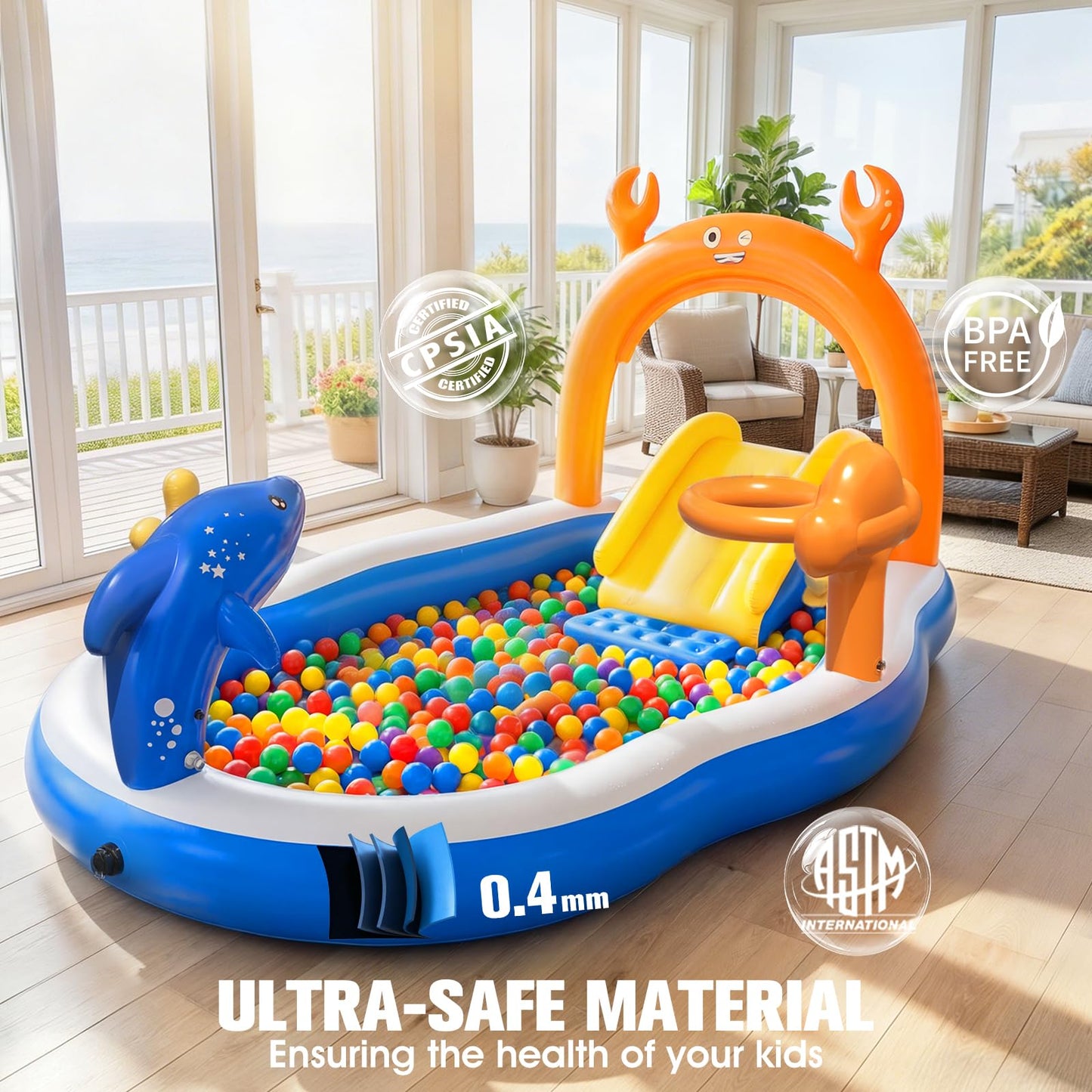LuxPool 2026 Large Inflatable Play Center,Toddler Pool with Water Slide&Sprinkler,110"x70"x50"Inflatable Kiddie Pool with Slide,Backyard Kids Water Slide,Blow-Up Splash Pad for Toddlers