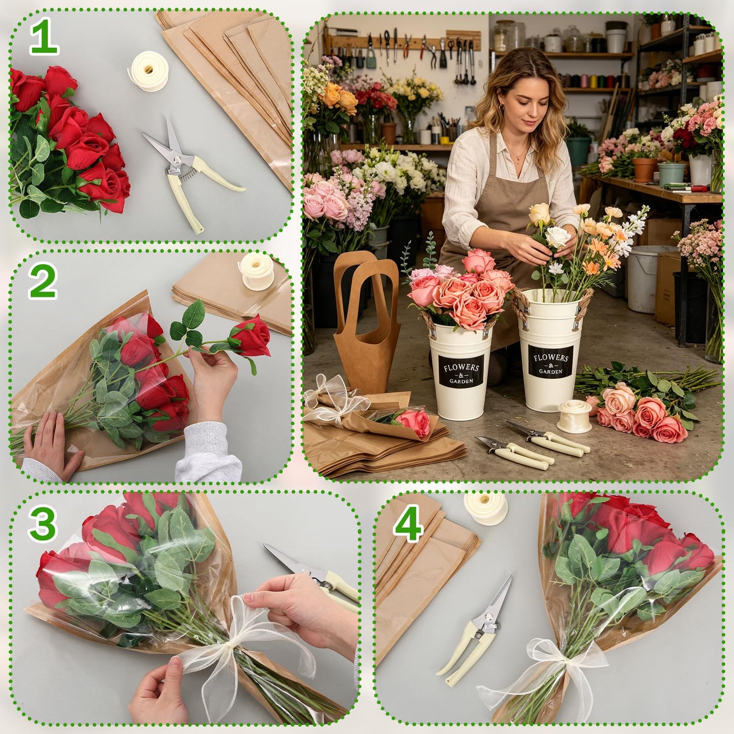 48 Pcs Floral Bar Bucket Set - Bloom Bar Supplies,6Pack White Flower Bucket Flower Packaging Gift Bags & Garden Shears for Valentine's Day, Weddings, and Bridal Party Centerpiece Decorations