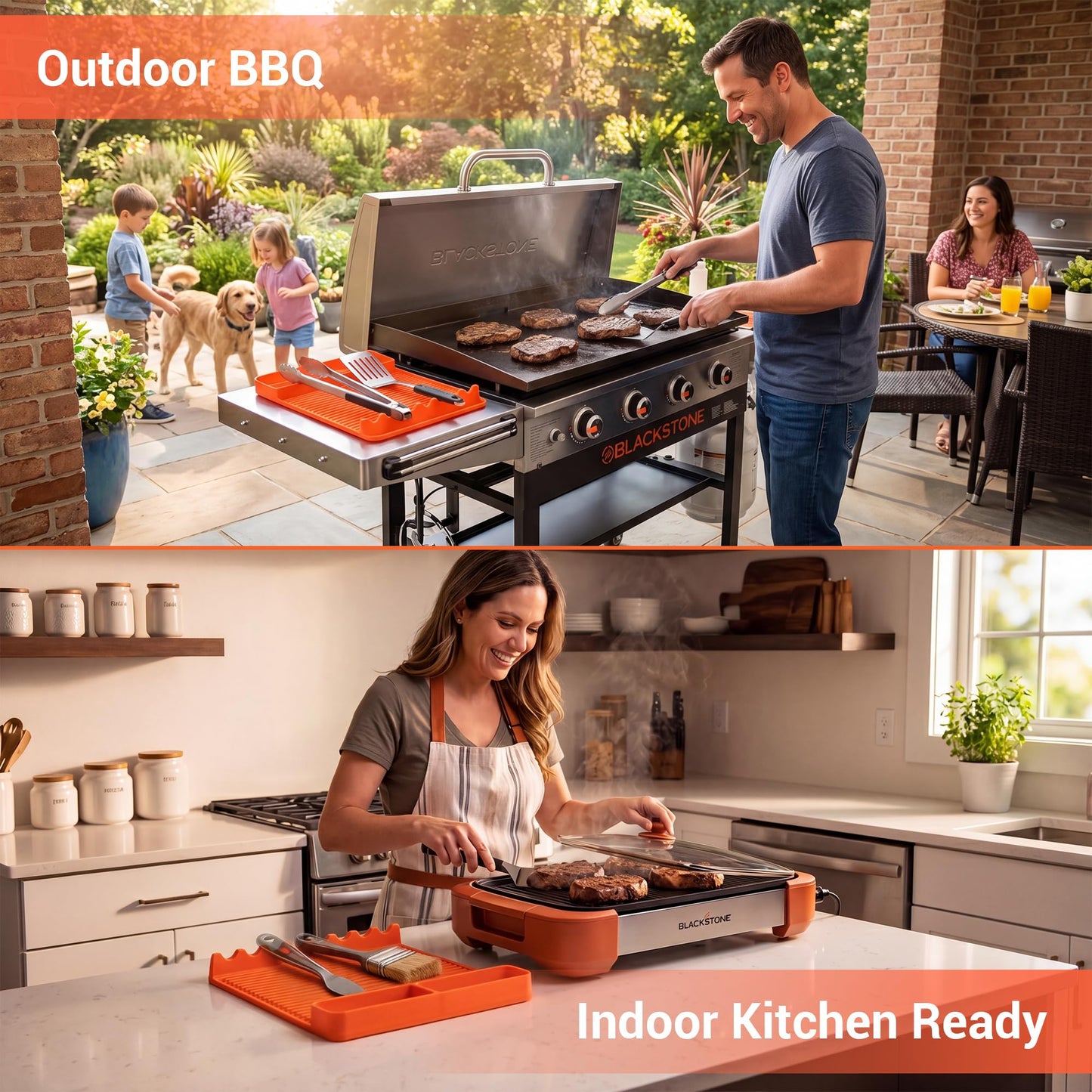 WZGUSXN 2Pack Silicone Grill Mat for Blackstone - 16x11.5 Inch Non-Slip Tool Mat with Sauce Drip Pad & Wavy Grip, Outdoor BBQ Accessories & Gifts for Men, Dad, Grilling（Orange）