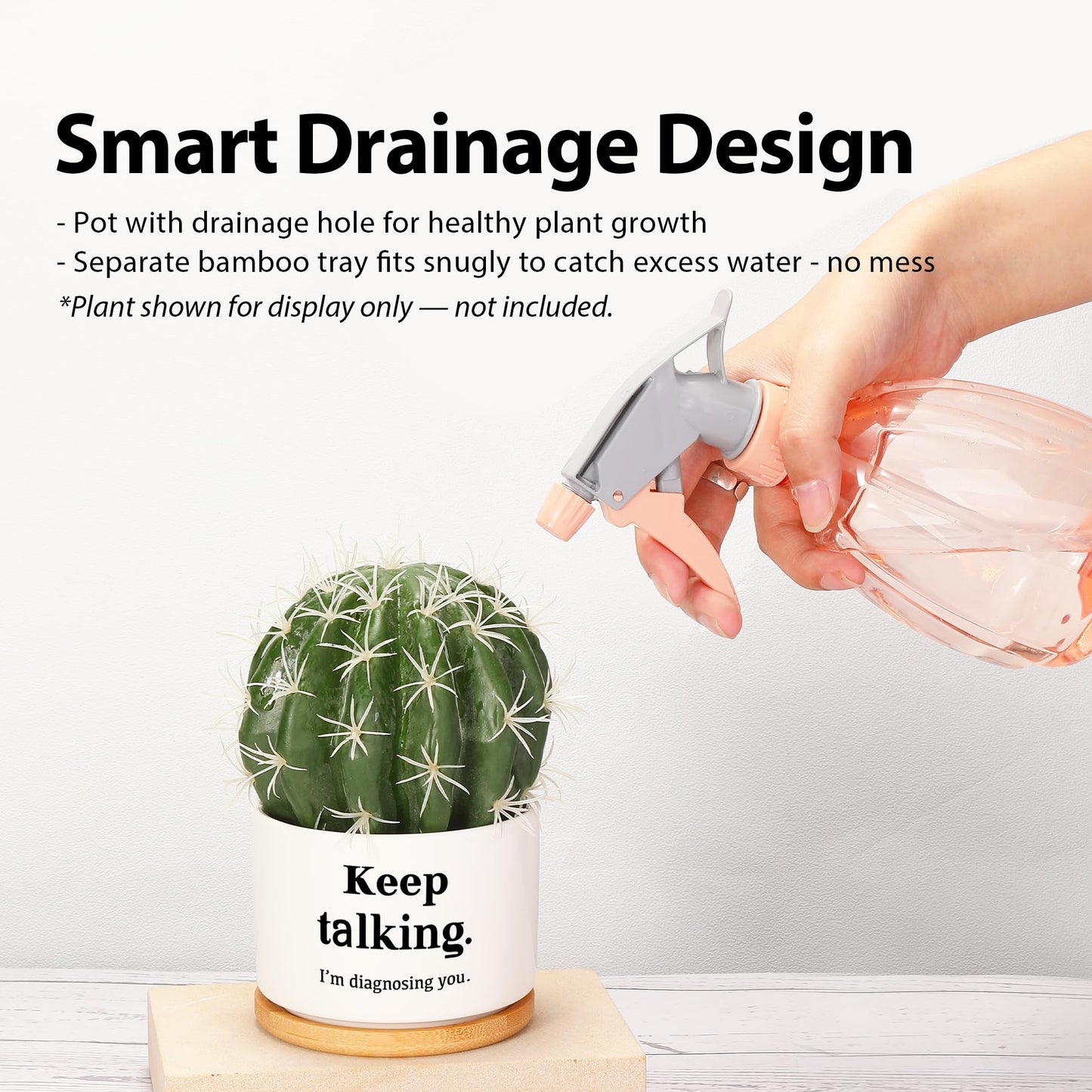 Loovelo Keep Talking I'm Diagnosing You Ceramic Succulent Plant Pot with Bamboo Tray Round Psychology Gifts Doctor Dr Therapist Psychiatrist 3.5 Inch White (No Plants)