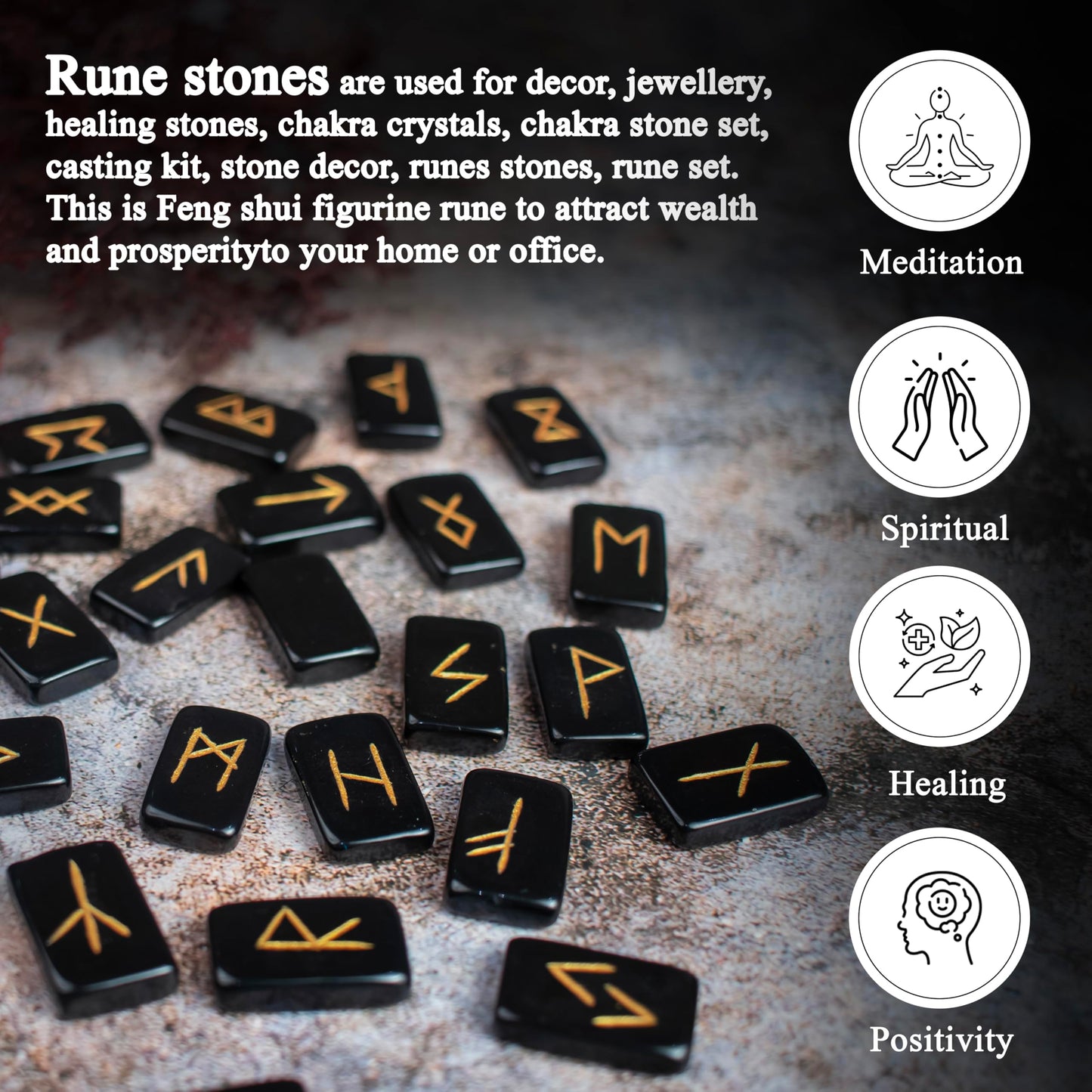 Crocon Black Agate Rectangle Shape Gemstone Runes with Elder Futhark Alphabet Engraved 25 pcs Rune Set Crystal Metaphysical Healing Chakra Reiki Runes Set with a Pouch Fathers day gift Size: 20-25mm