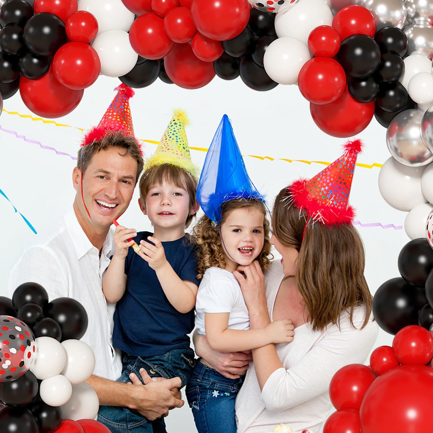 Ouddy Life 142pcs Red and Black Balloon Garland Arch Kit, Class of 2026 Decorations Graduation Red Black and White Sliver Confetti Balloons Foil Star for Anniversary Birthday Racing Car Poker Party