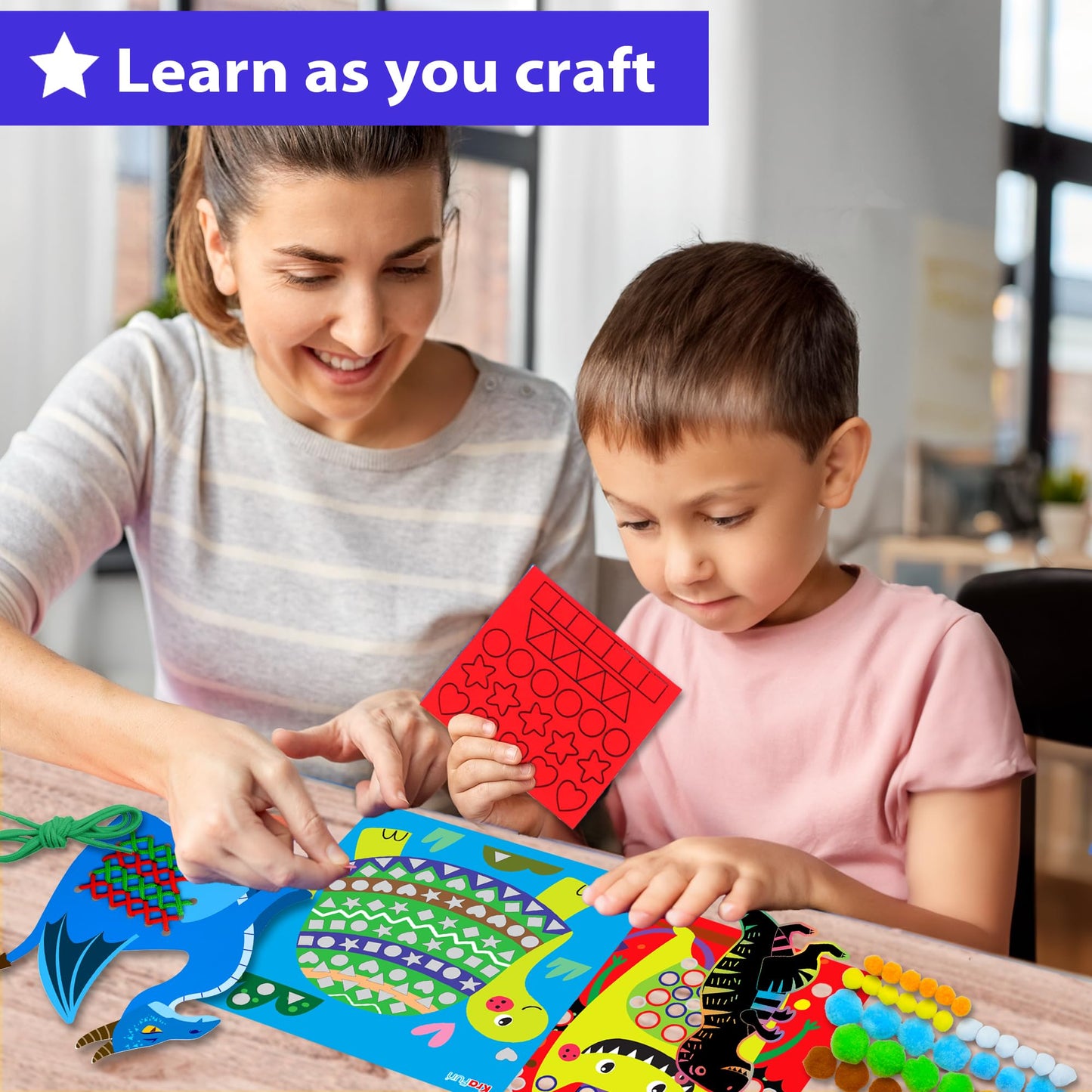 KRAFUN Toddler Art and Craft Kit, Preschool Educational Activities with 10 Envelope Projects - Origami, Puppets, Lacing & Pompoms, Creative DIY Gifts for Boys and Girls Ages 3-5