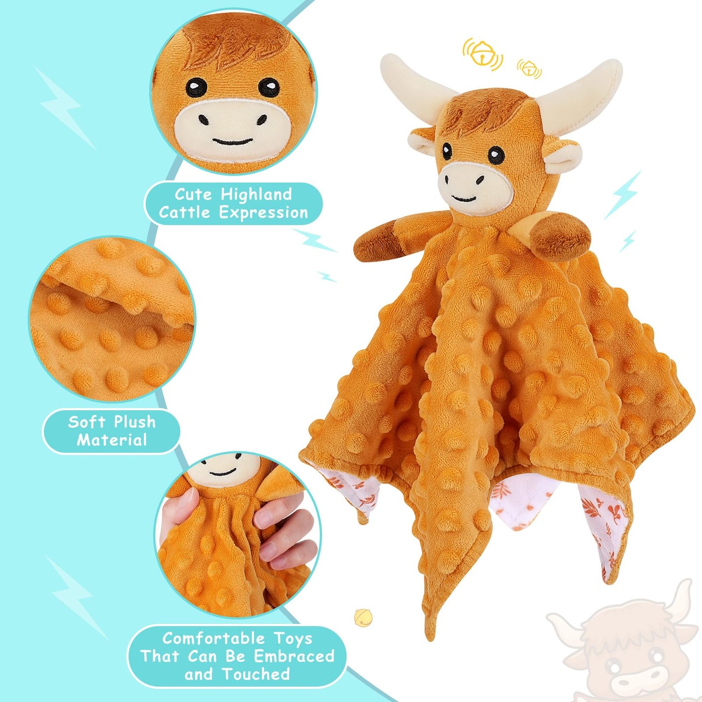 Sprinqdawin Loveys for Babies,Soft Baby Security Blanket for Newborn Infant Toddler Snuggle Toy Stuffed Animal,Lovey Highland Cow Security Blankets Baby Unisex for Gifts(Highland Cow,12.2in)