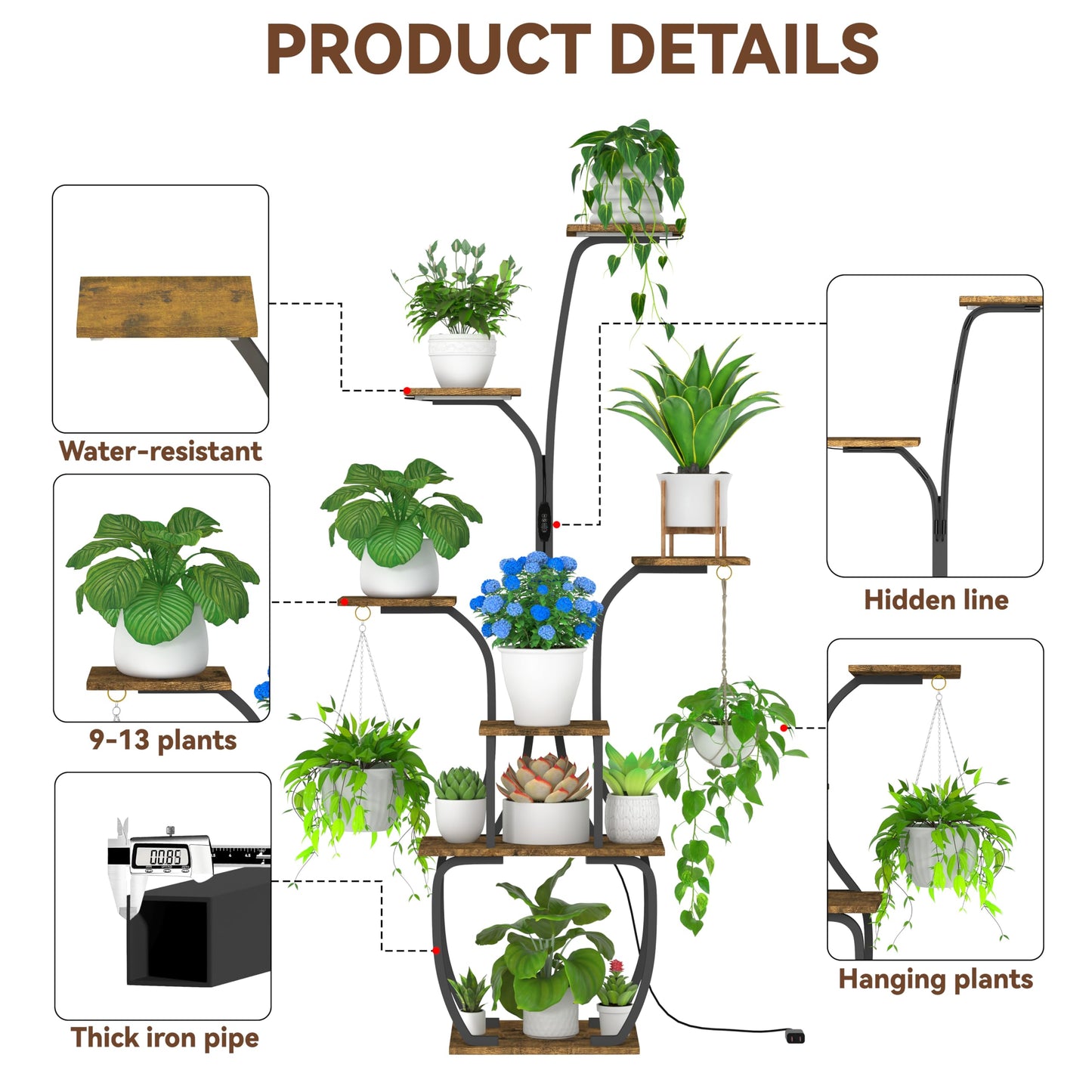 YIIHEERR Plant Stand Indoor with Grow Lights, 7 Tiered 55" Tall Plant Shelf, Heavy Duty Metal Corner Flower Pot Holder Rack, Multi-Tiered Display Organizer with Gardening Tools