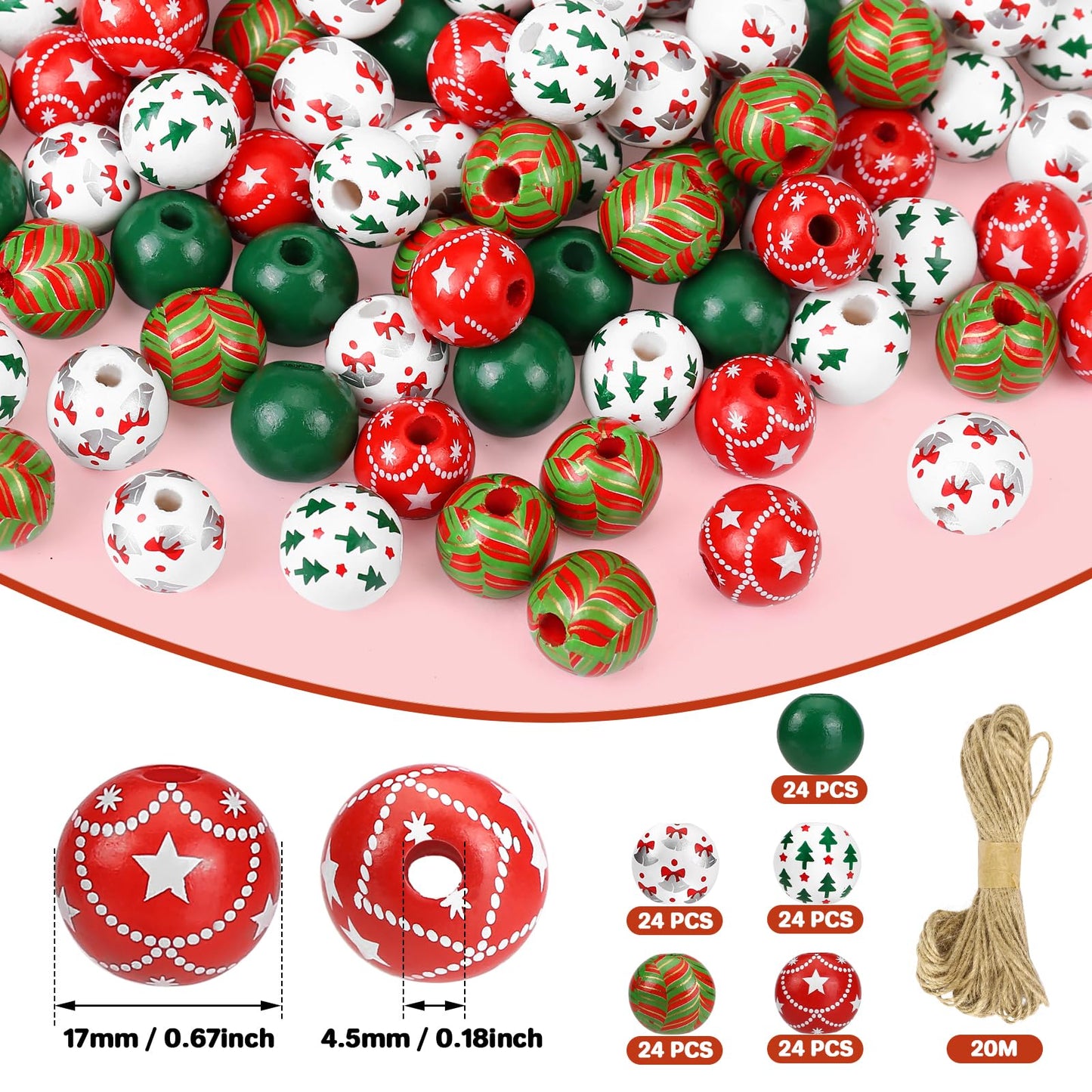 GWHOLE 120PCS Christmas Wood Beads for Crafts, 0.6 Inch Red and Green Christmas Wooden Beads with 65.6 Ft Twine for Xmas Winter Holiday Party Decor Bracelets Necklace DIY Craft