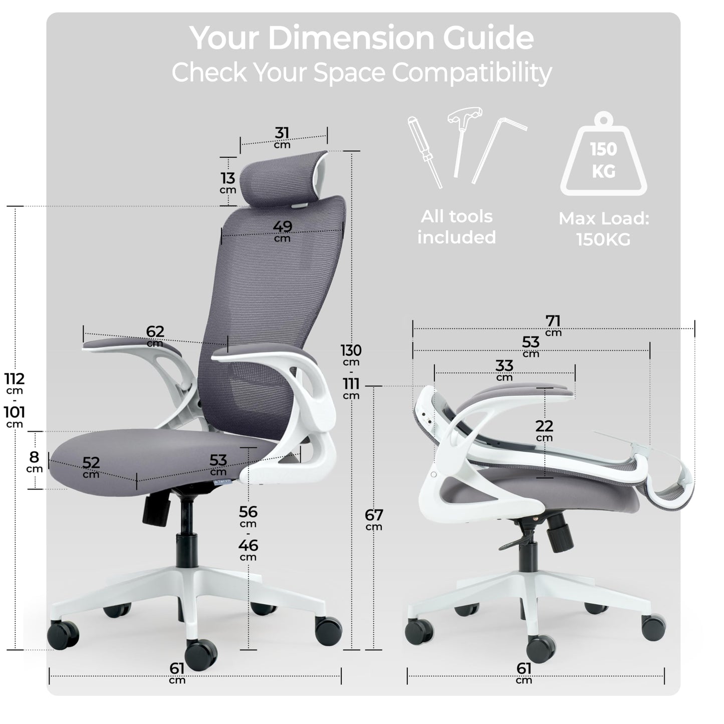 Tervo Model U | Folding Office Chair for Small Spaces | Ergonomic Design with High Rebound Mesh | Computer Desk Chair for Gaming | For Adults & Kids | Foldable & Compact with Flip Up Arms