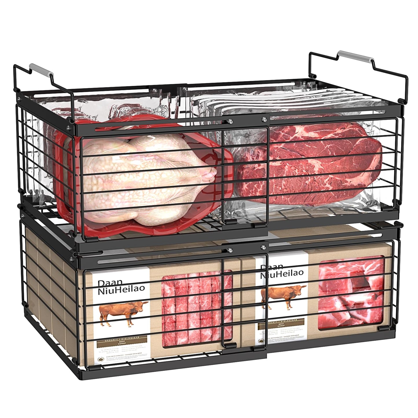 NADAMOO Freezer Organizer Bins, 2 Packs Large Expandable Stackable Chest Freezer Containers with Handle, Metal Adjustable Storage Baskets for Fridge, Deep Freezer, Cabinet, Kitchen, Pantry - Black