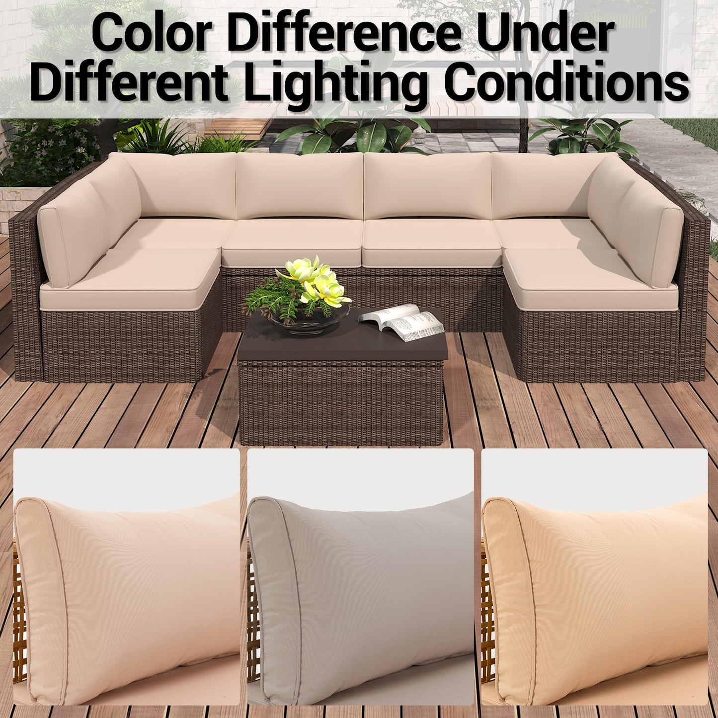WiNVO 14-Piece Outdoor Replacement Cushions for Patio Furniture, Deep Seat Cushions for 6-Seat Sectional Rattan Sofa, Water-Resistant Couch Cushion Set with Non-Slip Backing, Cream White