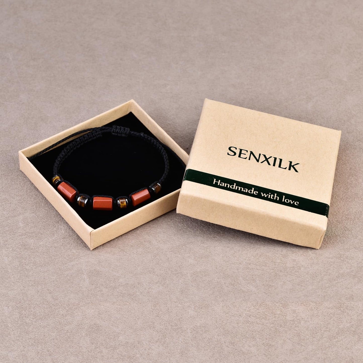 Senxilk Natural Red Jasper and Tiger Eye Stone Adjustable Braided Bracelet for Teens, Boys, Girls, Valentine's Day Gift for Son Daughter Boyfriend