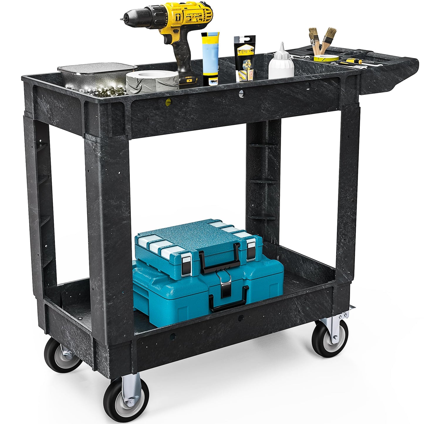 DWVO Utility Cart, 1000 lbs Capacity, 2 Shelf Heavy Duty Plastic Service Utility Cart on Wheels, Rolling Storage Work Carts Suitable for Warehouse, Garage, School & Office, Cleaning, Black