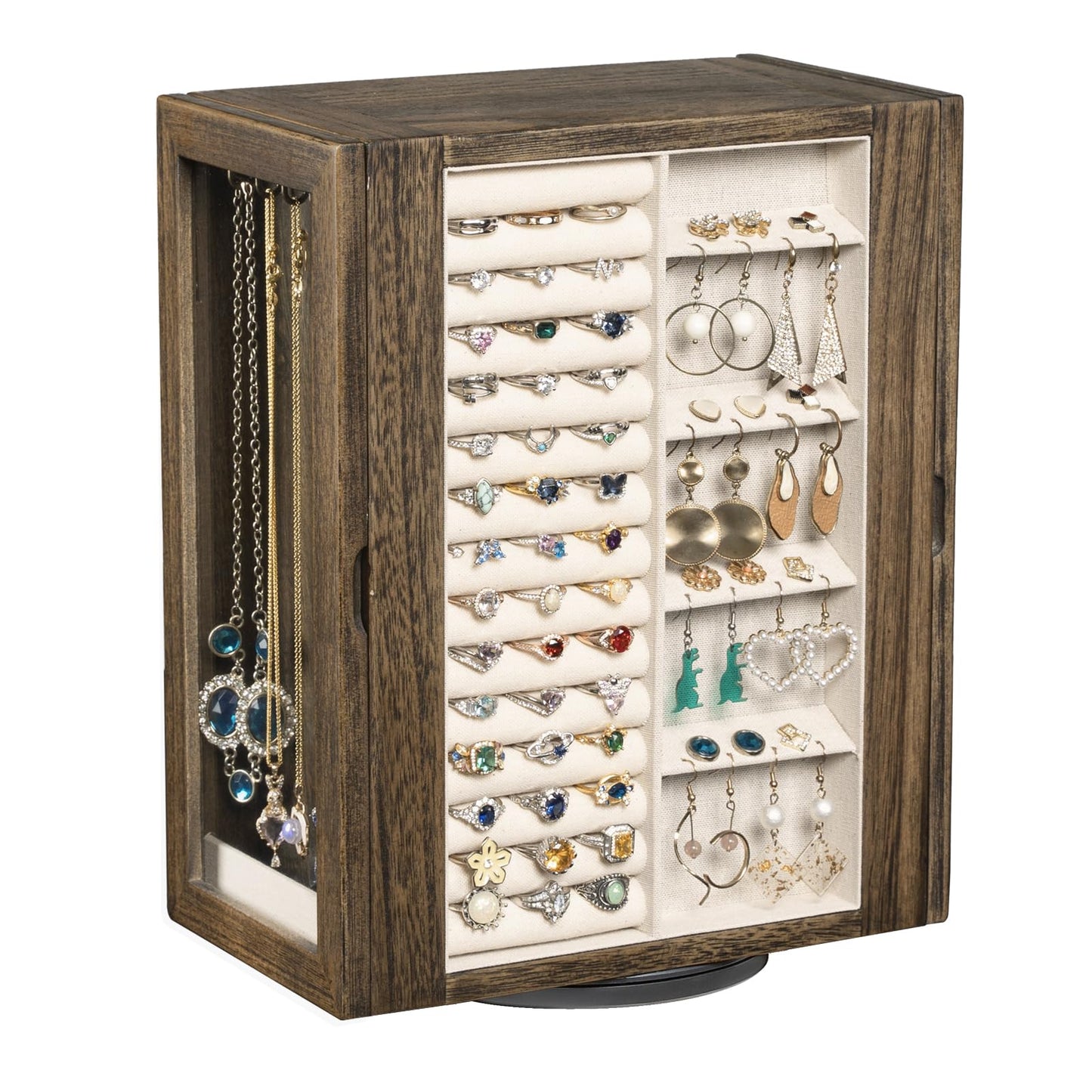 Emfogo 360° Rotating Jewelry Box for Women, Rustic Wooden Jewelry Organizer Box with 5 Drawers, Glass Doors, Vertical Open Design Jewelry Storage Case Display for Earrings Rings Necklaces Bracelets