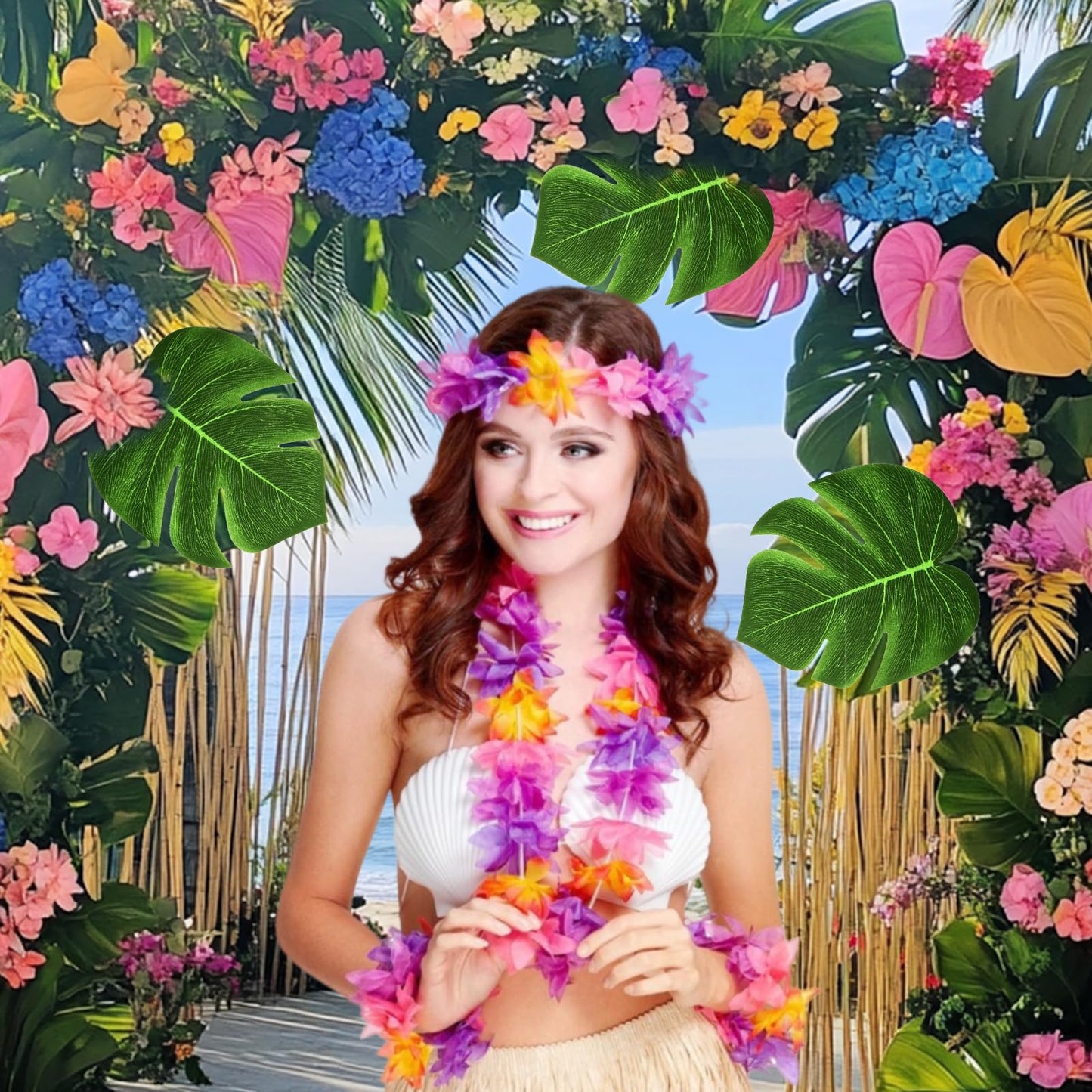 70 Pcs Hawaiian Luau Leis Decorations Supplies, Tropical Palm Leaves Hibiscus Flowers Simulation Artificial Leaf for Birthday Baby Shower Summer Beach Pool Party Decorations Favors Supplies