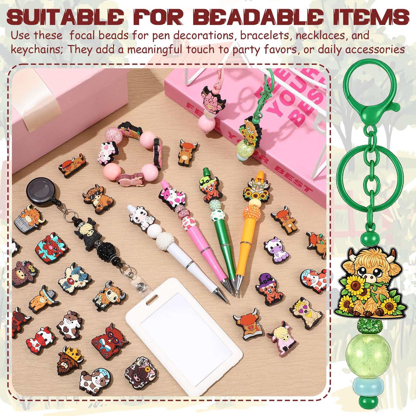 Tondiamo 60 Pcs Silicone Focal Beads for Pens Bulk Highland Cartoon Animal Theme Focal Bead for Beaded Pen Necklace Bracelet Charms Keychain Making Jewelry Making DIY Gifts(Cow)