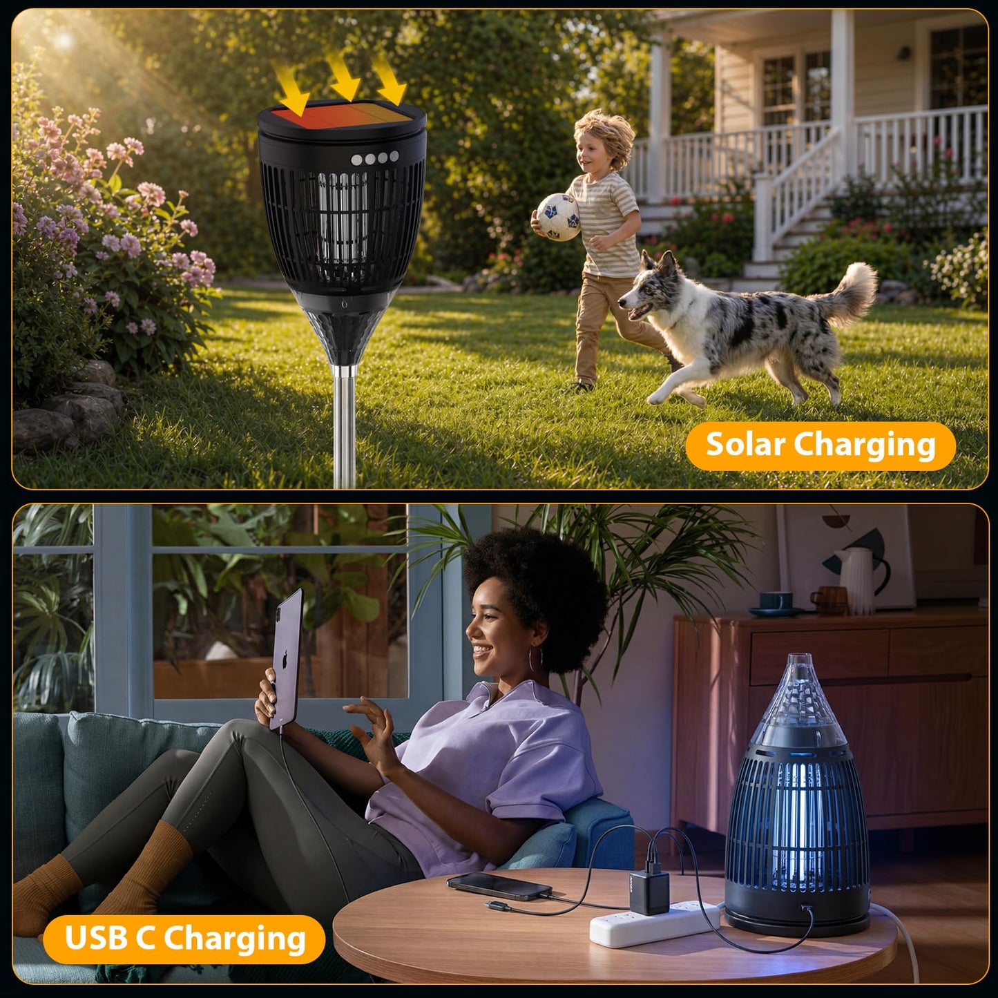 Rossetta Solar Bug Zapper Outdoor, Mosquito Zapper with Flame Lamp & Projector Light, 4200V Electric Fly Zapper Waterproof Rechargeable Mosquito Killer, Cordless Fly Trap for Patio, Backyard, Garden