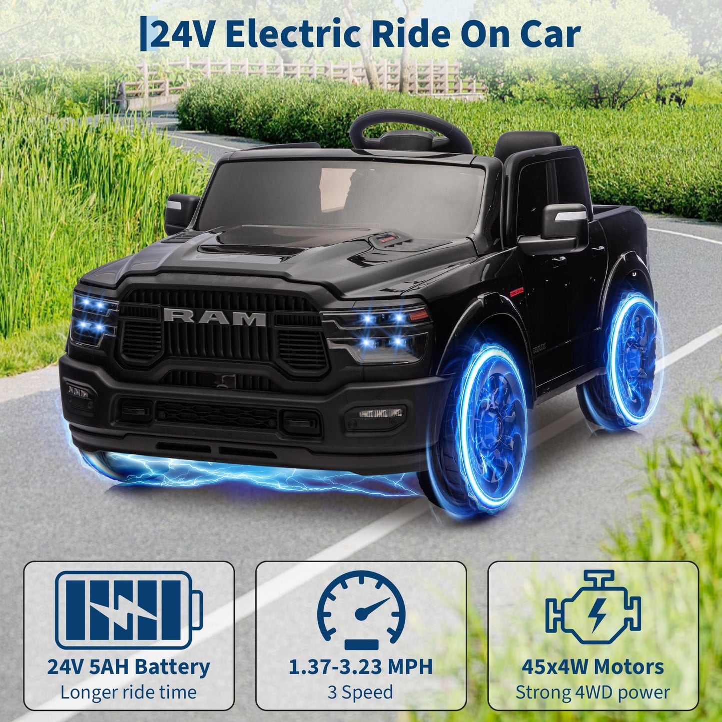 GarveeLife 24V Ride on Toys Licensed RAM 2500, 2 Seater Ride on Truck w/Remote Control, Spacious Truck Bed, 3 Speed, LED Lights, Suspension, Birthday Xmas Gifts for Boys Girls