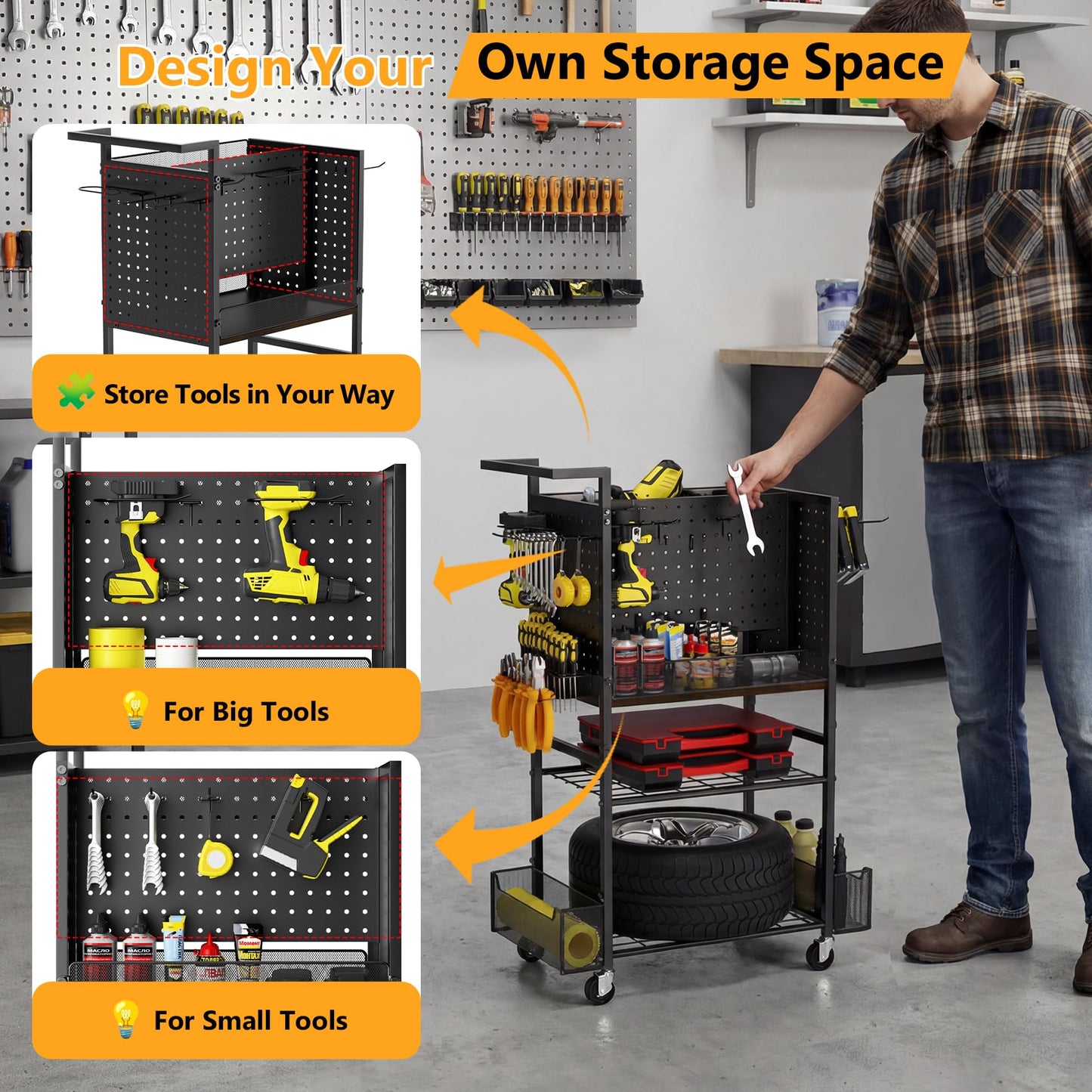 Tool Cart on Wheels, 4-Tier Metal Rolling Utility Cart with Pegboard & Storage Baskets, 242.5 lbs Heavy Duty Tool Storage Organizer for Garage, Workshop and DIY Projects
