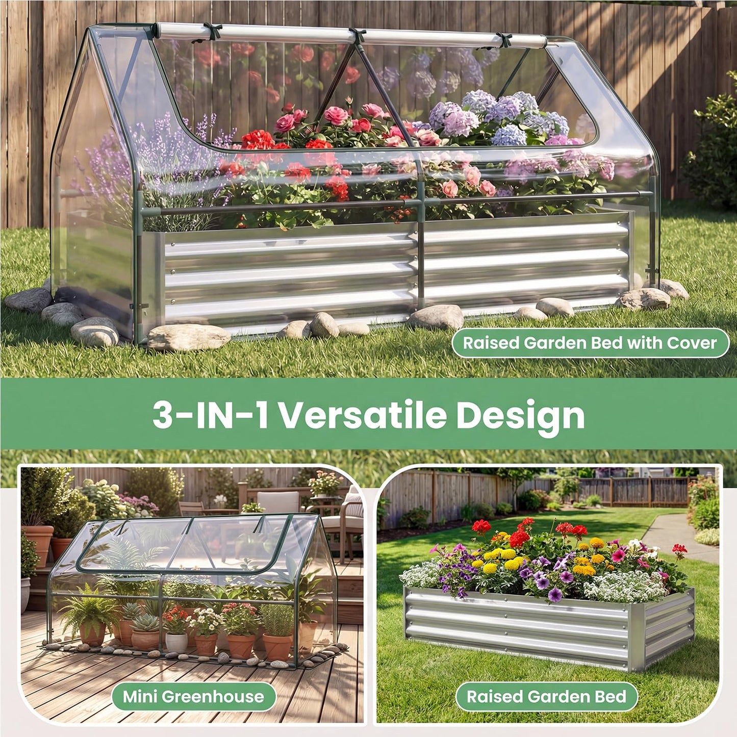 HAPPYGRILL Raised Garden Bed with Cover, Galvanized Metal Planter Box Kit w/2 Large Zipper Mesh Screen Windows, Outdoor Raised Beds for Gardening, Flowers, Vegetables (Silver)