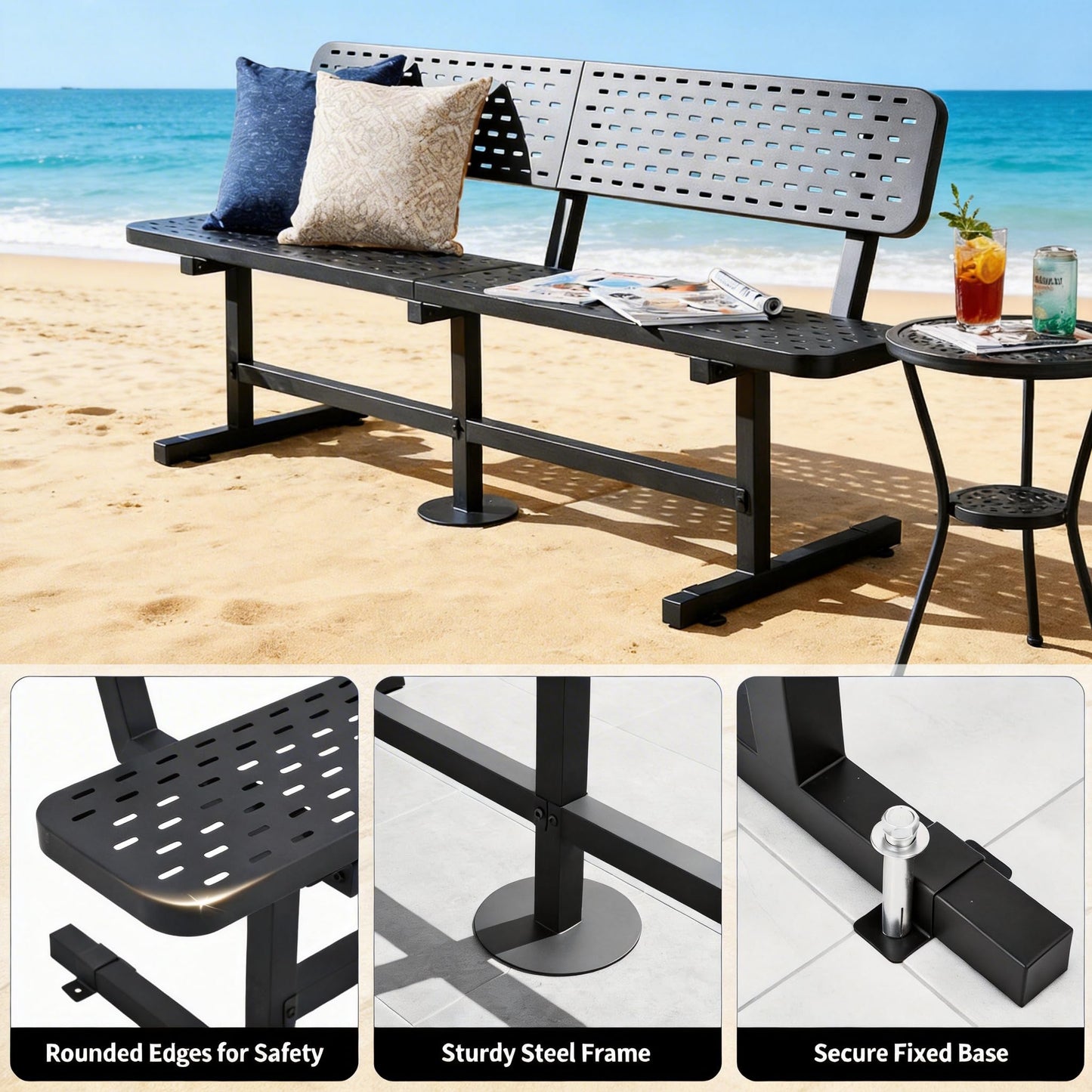 DWVO Heavy Duty Park Bench for Outside 6ft Metal with Backrest Weatherproof Coated Steel Commercial Grade Furniture Set Industrial Mesh Design for Garden Patio Public Areas