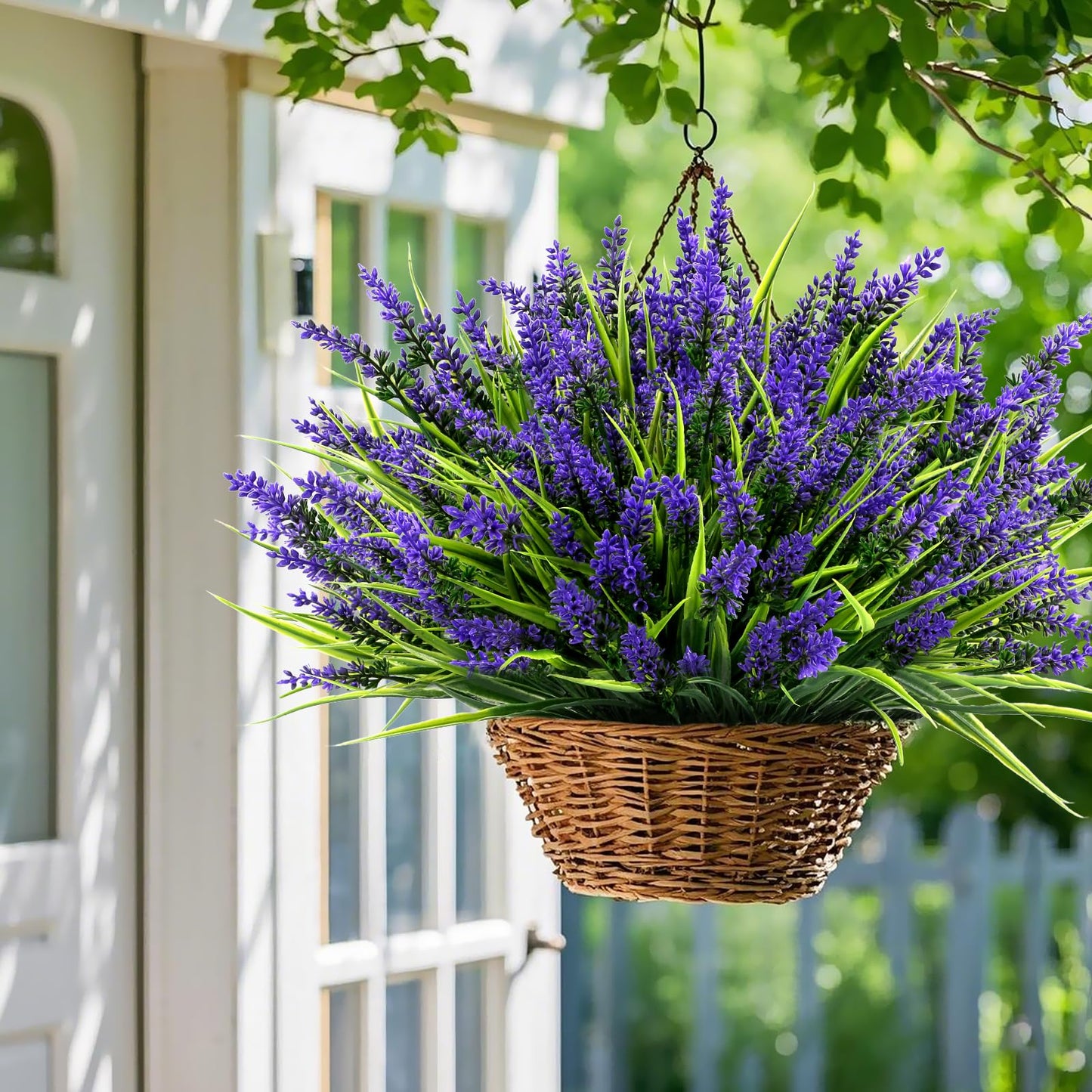 Geegoods Artificial Plants Flowers Outdoor – 24 Bundles UV Resistant Faux Lavender Flowers with Monkey Grass for Garden Porch Window Patio Hanging Planter Decor